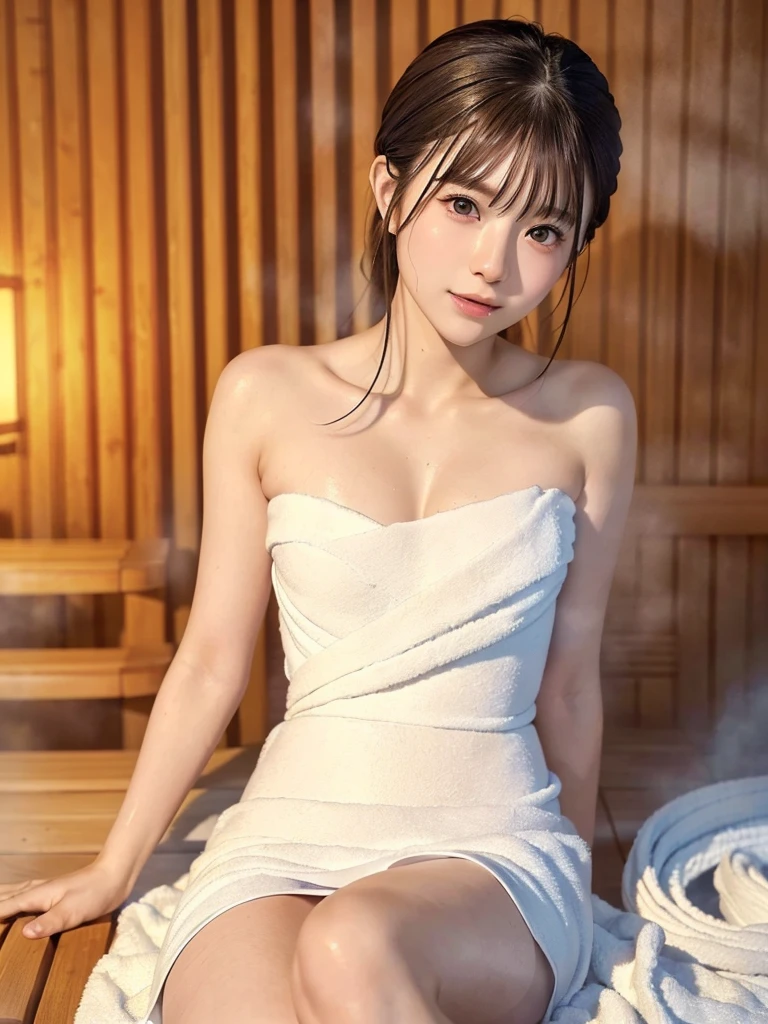 ((16K)),(masterpiece:1.3, Highest quality, Ultra-high resolution, Super detailed), (Realistic, photoRealistic:1.4), Perfect lighting, colorful, Depth of written boundary, Browsing Caution, Surrealism,Face Light,Beautiful detailed hair,((Beautiful eyelashes)), Beautifully detailed face, Beautiful fine details, Beautiful clavicle, Beautiful body, thin脚,Beautiful breasts, Beautiful feet, Beautiful Hands, Pointed Chest, thin, 1 girl,23 years old, Perfect Face, Long eyelashes,Perfect Anatomy, Supermodel with a long neck,((Skinny1.3)),(Perfect Anatomy,Anatomically correct, Highly detailed skin), Shiny skin,((beautiful girl:1.1)),NUDE, ((Spread legs:1.4 )),((lying, on back:1.6)),(Hair Bun, Black Hair) ,((See-through bangs)),Dainty facial structure,((Smiling happily:1.3)),Create an image of a beautiful woman relaxing in a sauna. She looks calm and satisfied, (( She is wrapped in a towel)), Her hair is a little damp from steam. The sauna is warm, Wood panel, Soft light shines in, Create a calm atmosphere. In the background, a wooden bench and a sauna bucket with a ladle are depicted.,((From above:1.2 ))