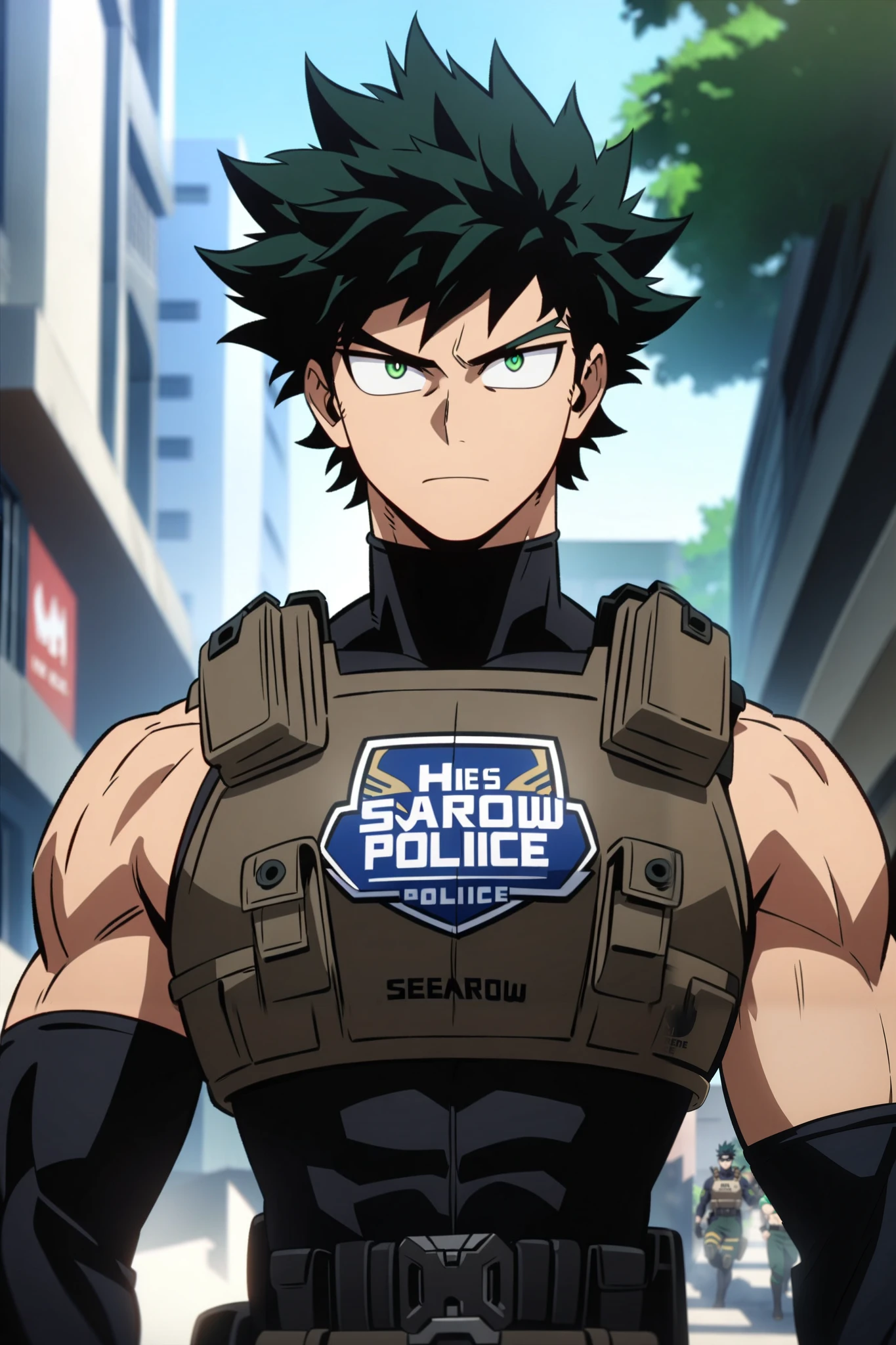 1boy, 25-years-old, handsome, 1man, ((MALE)). Ninja-Police agent, black spiky hair, green sharp eyes, ninja expression, ninja physique, muscular, , wearing ninja-police suit with “SEAROW POLICE DEPARTMENT” logo on the chestplate, he is a Ninja-Police-Agent, serious look.
Big city police HQ outdoors background, daytime, detailed anime lighting, colorfull.
As My Hero Academia character, MHA style, anime style, my hero academia, boku no hero academia, animated. Anime, Best Quality, Masterpiece, High Resolution, 4K, perfect body, perfect eyes, perfect eyes, Full Quality, colorfull, Looking at viewer, Anime, Anime Style, High Resolution.