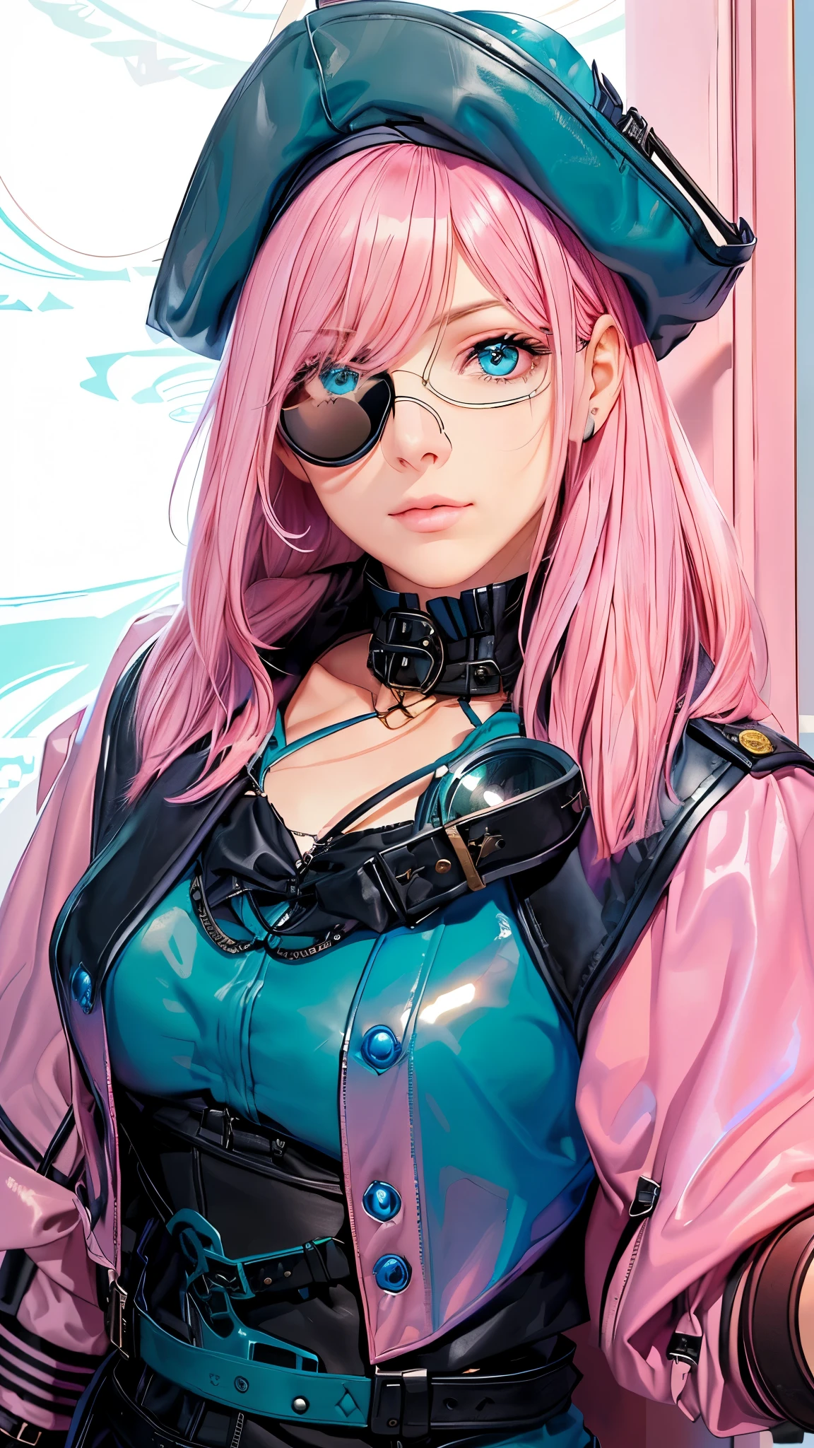 Freya Allan face, pink hair, short hair, blue eyes, steampunk monocle(single), monocle(blue glass), camping clothes, black jacket, leather jacket(all black), green clothes, casual clothes.