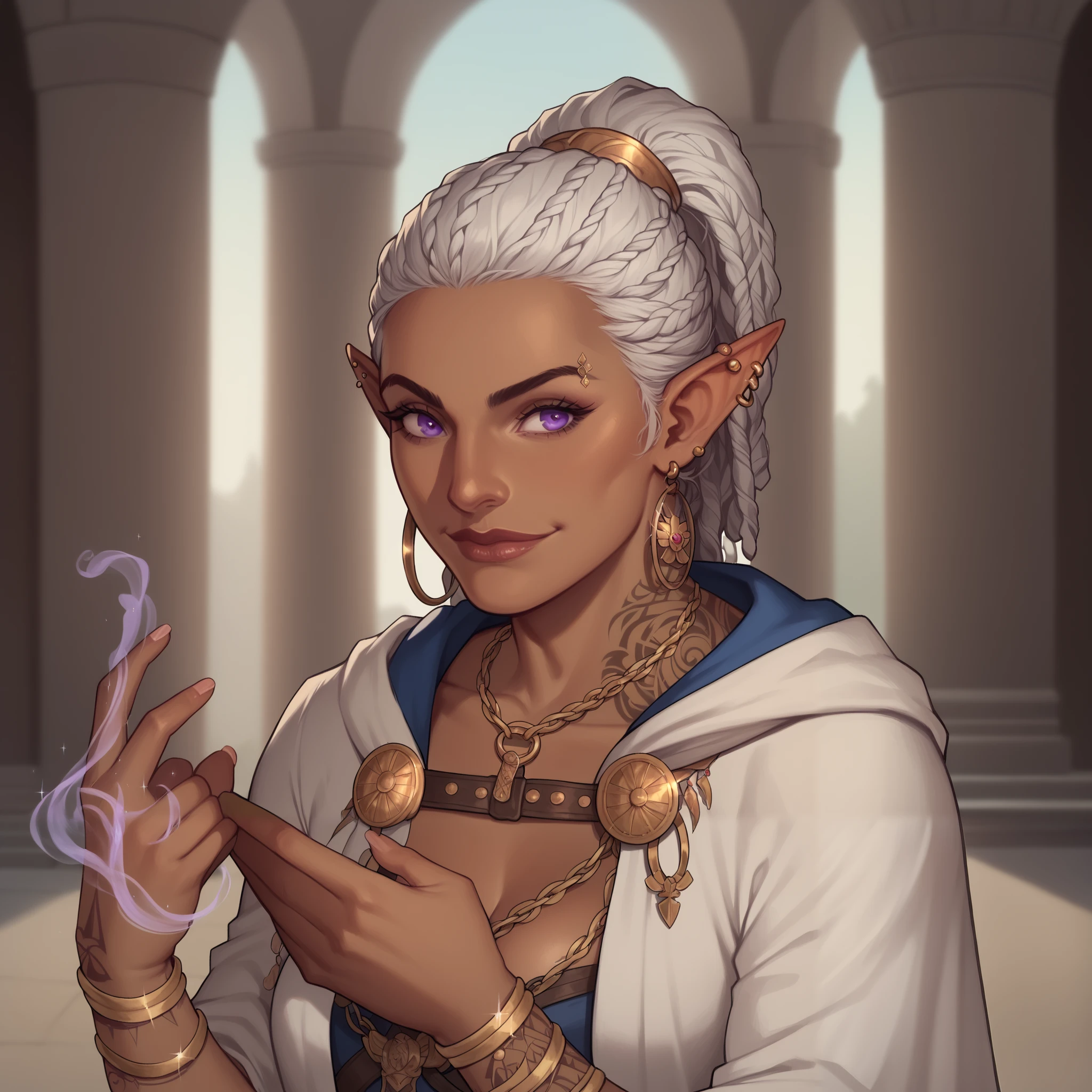 (((beautiful, high quality, comics style, detailed face))), score_9, score_8_up, score_7_up, BREAK, portrait,, solo, 1woman, slender, elf, brown skin, yakuza arm tattoos, white robes, ancient greek robes, arms crossed, gold chain harness, cape, mantel, smirk, white hair, dreadlocks in a ponytail, thick dreadlocks, purple eyes, ear piercings, magic hands, magic orbs, fantasy outside, blurred background, DeepNegative_xl_v1, detailxl, zPDXL2