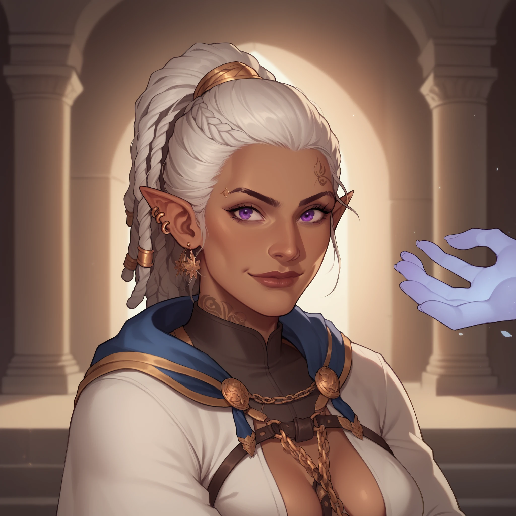 (((beautiful, high quality, comics style, detailed face))), score_9, score_8_up, score_7_up, BREAK, portrait,, solo, 1woman, slender, elf, brown skin, yakuza arm tattoos, white robes, ancient greek robes, arms crossed, gold chain harness, cape, mantel, smirk, white hair, dreadlocks in a ponytail, thick dreadlocks, purple eyes, ear piercings, magic hands, magic orbs, fantasy outside, blurred background, DeepNegative_xl_v1, detailxl, zPDXL2