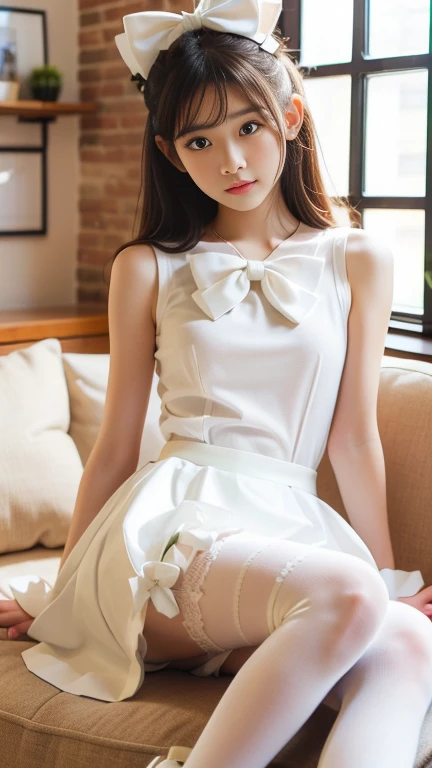 Fair complexion，Kneeling position，Open your legs outward，with hands resting on knees，The whole body must be exposed，One man only，Brown hair，long eyelasher，A shallow smile，Blushlush，red pupils，super detailing，Best quality at best，White lace-up heels，Knee-length pleated skirt，White ribbon and bow，Sleeveless bandeau dress，Silk collar，Gorgeous décor，He wears a large white ribbon，A large bow is worn on his head，White extra-long lace gloves，Golden decoration，White lace stockings，The gloves fit perfectly with the clothes，The skirt has a gorgeous pattern，Slim body proportions