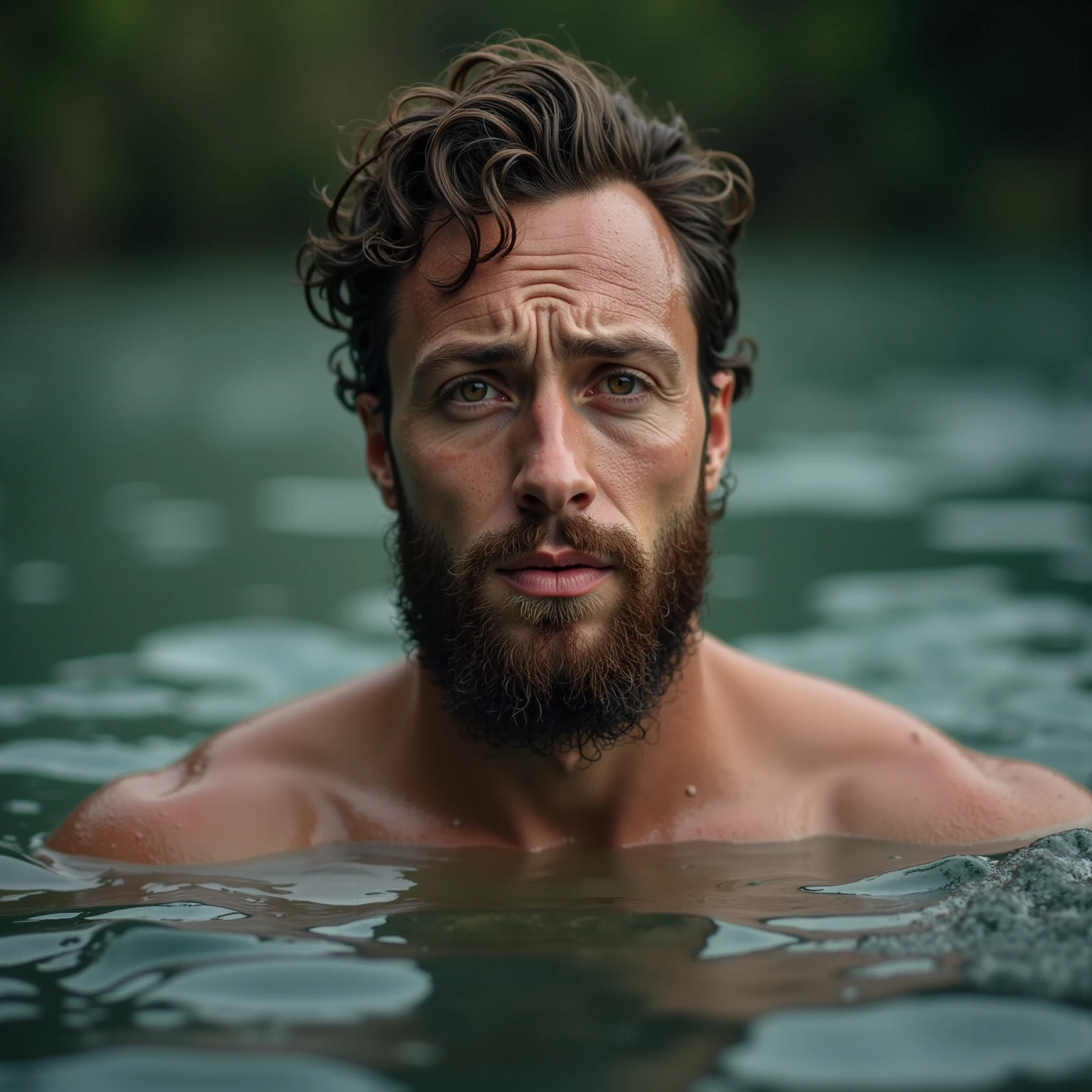 ultra high resolution, the best quality , Director of Photography , 4k, ( photorealistic : 1.4), cinematographic lighting , A handsome 36-year-old man bathing in a river........., beard, brown eyes