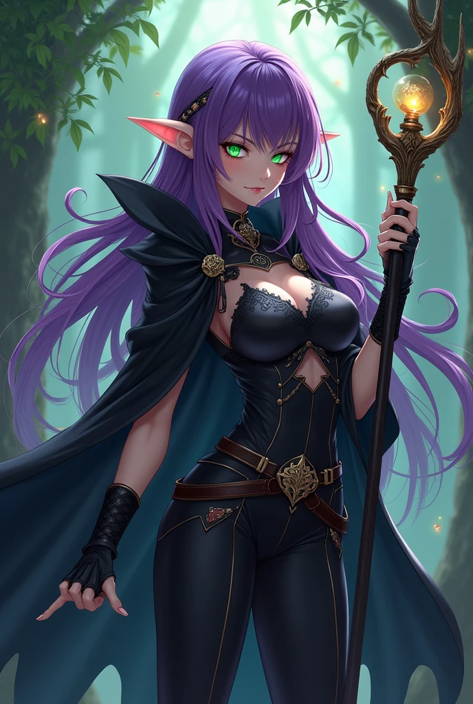 She is an elf girl, she has light purple hair with medium skin, and golden eyes. she has large breast. Her clothing colors consist of white, black, gold, and purple, she is in the woods all the time and is a nightshade elf. So she has lots of light purple markings and tattoos of her skin. She has a crested moon on her head. Her clothing covers the nessacary areas but is revealing. She is 14. She is in the forest at night under the moon light were her tattoos glow.

