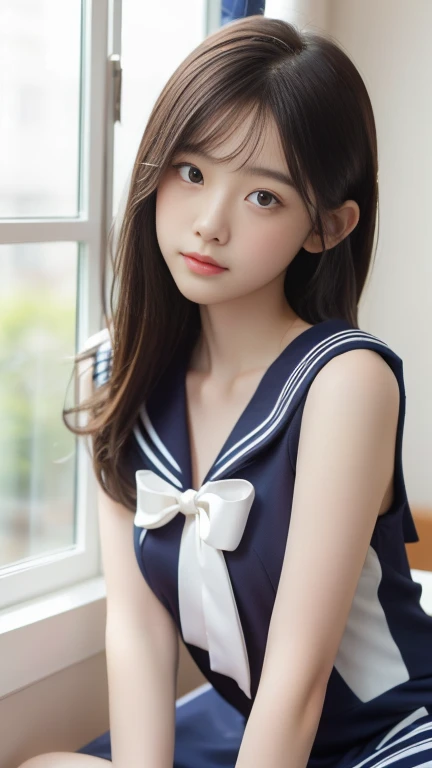 (See through:1.3),White Seraphim,Sailor suit, White Theme,school uniform, Sailor suit, View your viewers, Crazy, Disheveled long hair, Beautiful attention to detail,Hair shines,Elevation,Blue sailor collar, Firm breasts,Light Smile,Partially underwater...