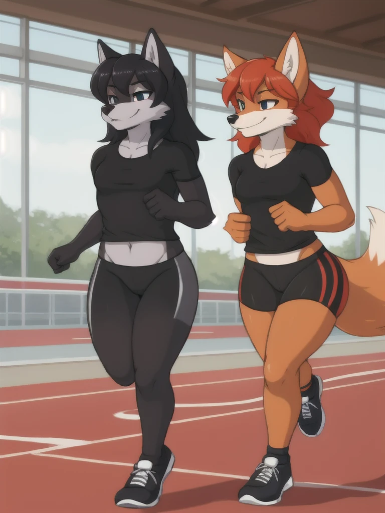 Furry, fox, female, black shirt, black leggings, shoes, running track, friends, full body