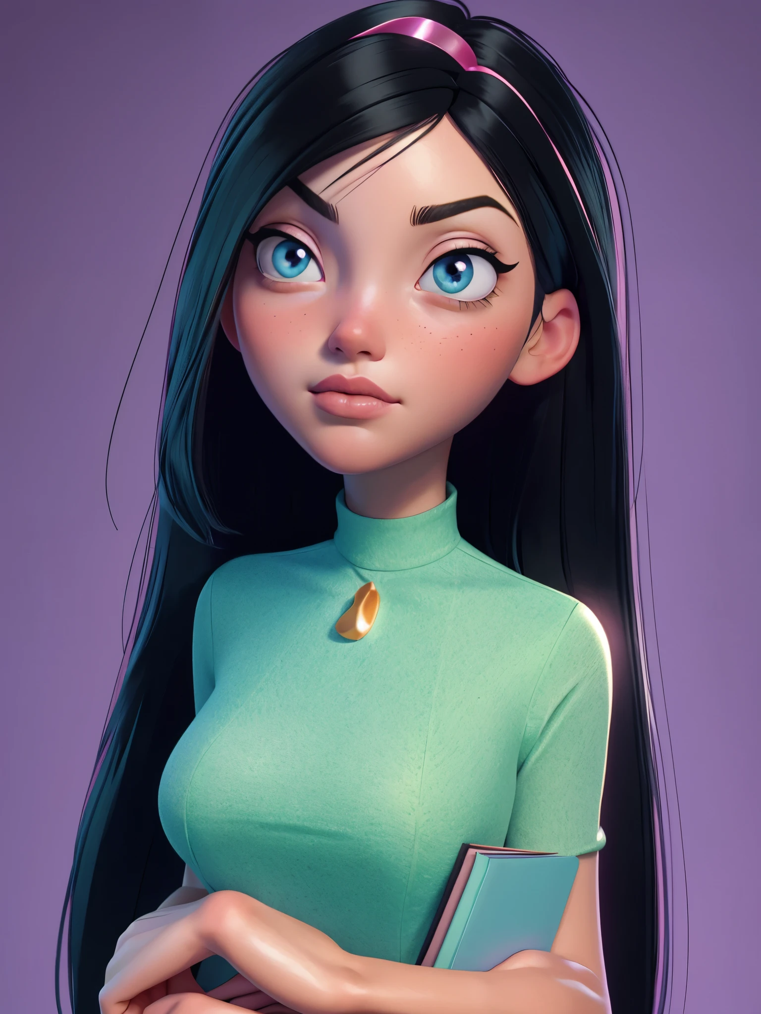 (best quality:1.4),(shiny skin), body focus, (cute face), (((best quality))), illustration, ((Beautiful Finger)), , Beautiful body, Beautiful character design, ,perfect lighting, Colorful, Bright_Front_face_Lighting, ultra high res, highres, absurdres:1.2, bokeh:1.2, lens flare, (vibrant_color:1.2), (Beautiful, medium breasts:1.2), (thick thighs:1.1), THICK, 
holding green folder or book, small nose, long black hair with pink hair clip, purple shirt, looking sideways, pink blush on cheeks, large blue eyes, white left eye with black pupil visible