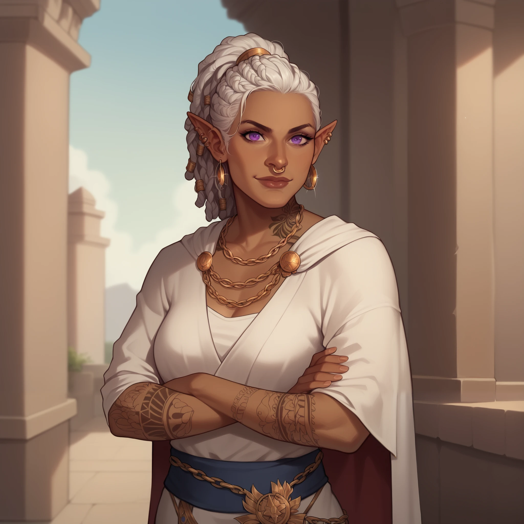 (((beautiful, high quality, comics style, detailed face))), score_9, score_8_up, score_7_up, BREAK, bust shoot view, solo, 1woman, slender, elf, brown skin, yakuza arm tattoos, white robes, ancient greek robes, arms crossed, gold chain harness, cape, mantel, smirk, white hair, dreadlocks in a ponytail, thick dreadlocks, purple eyes, ear piercings, nose ring fantasy outside, blurred background, DeepNegative_xl_v1, detailxl, zPDXL2