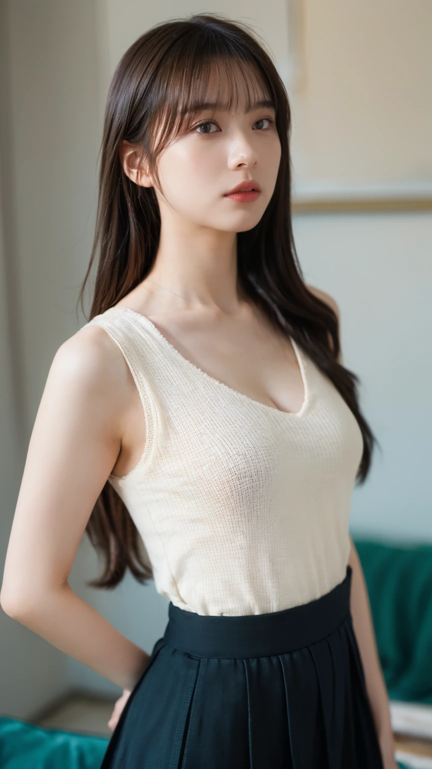 1girl, woman, masterpiece, best quality, highest quality, cinematic lighting, (volumetric lighting), extremely detailed CG unity 8k wallpaper, focused, 8k wallpaper, extremely detailed, ultra realistic, photorealistic, sharp focus, absurdres, (HDR:1.2), (high contrast), photograph, detailed and intricate, instagram, portrait, highly detailed, digital painting, artstation, concept art, smooth, sharp focus, illustration, cinematic lighting, (Large breast:1.2), medium shoulder, show thighs, full body show, shirt, short skirt.