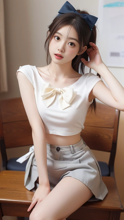 girl, sitting at the desk with dark eyes, Big Breasts ,ultra-short mesh skirt,(( no underwear )),(( masterpiece, Best Quality, high resolution )), Super detailed 8k , beautiful girl with , ( Ultra HD, Very Detailed, Very Detailed的内容, very realistic , surrealistic , Live Photos), (1 名girl,bow:1.5), (Camera dynamic poses,, beautiful and delicate face ,Open your legs, beautiful eyes ), open mouth :1.3,Bust posture ,Lift your head and look up