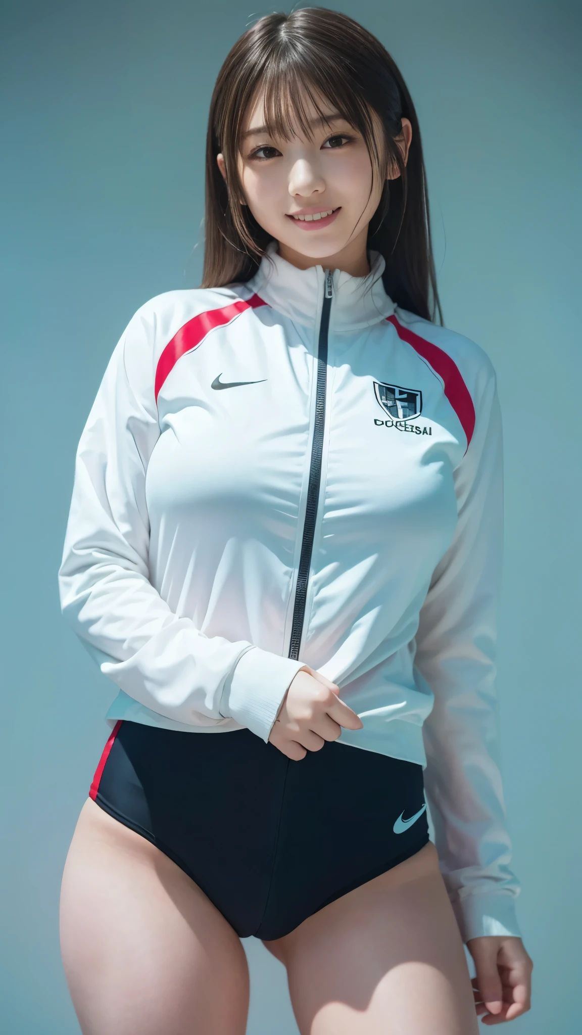best quality ,masterpiece,Ultra high resolution, HIGH DEFINITION RAW COLOR PHOTO, professional photography, natural skin texture , fine skin, Hyperrealism, smiles,gigantic breasts, dark blond hair ,black track suit,,track uniformタイトフィット,( Athletes ,(high leg competition bloomer)),(white minimal background), Shrimp
