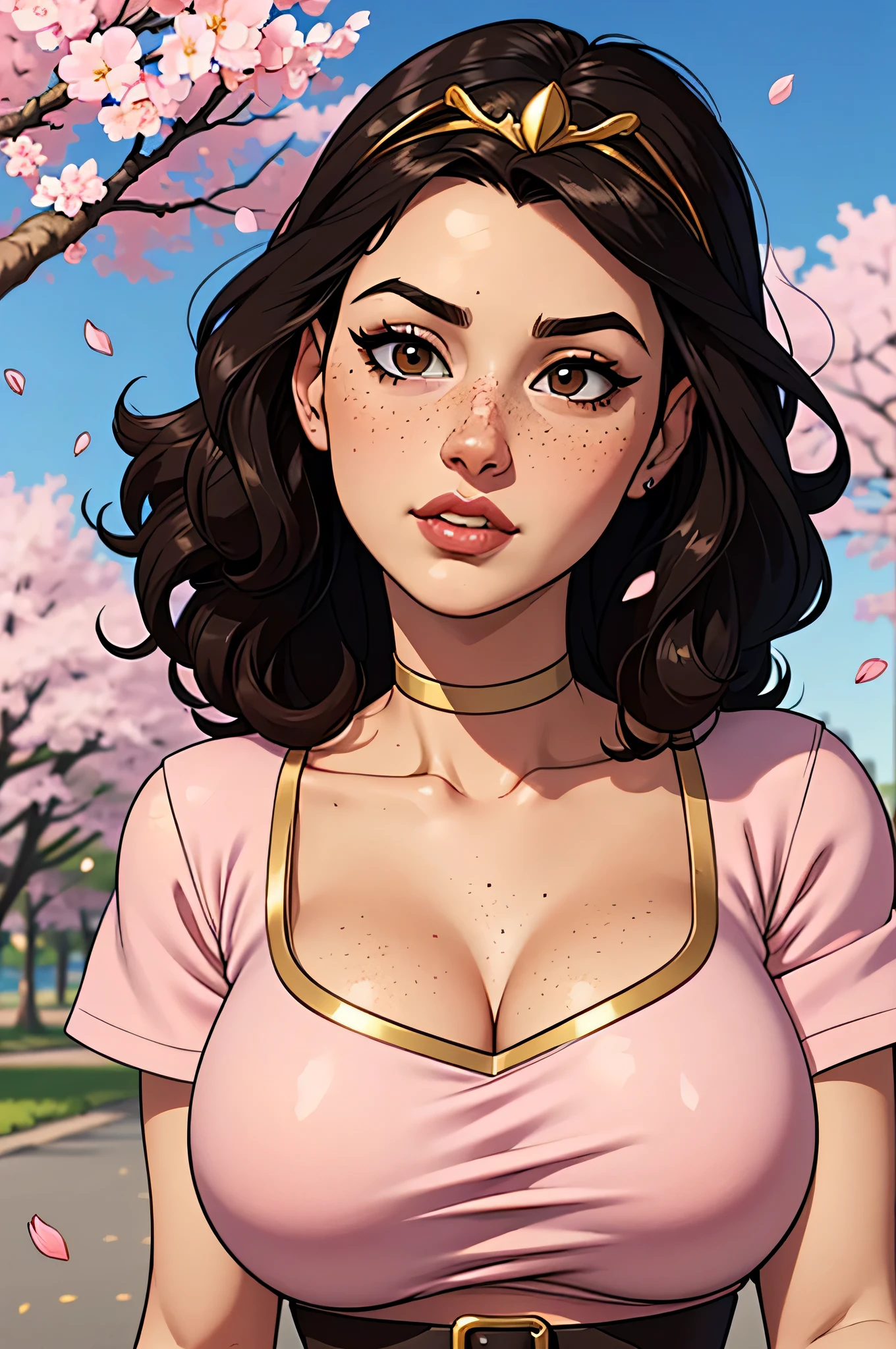 Masterpiece, very beautiful woman, perfect body, (pink tank top :1.3) with lace extremely detailed, wearing a denim shorts, posing for photo, smiling seductively, excited, ponytail dark blonde hair, round face, big green eyes, glitter eyes, slight curvy details, Perfect Round titts, without bra, in a park, cherry blossoms, on the side from a tree, spring day, falling flowers, sunrise light, volumetric sun light, fog, sunbeams