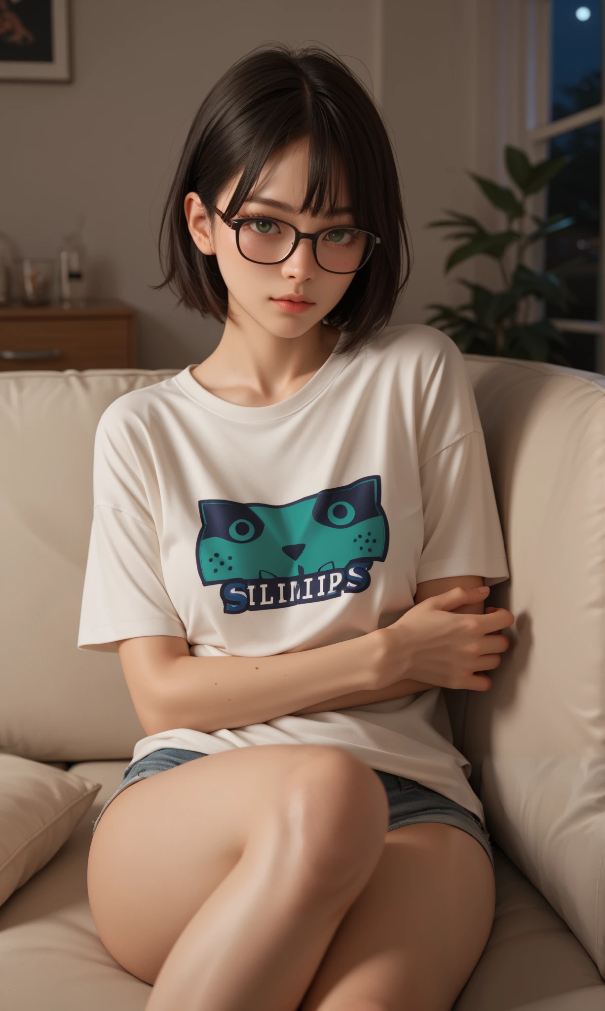girl in slips and short t-shirt, On the sofa, at night,18 years old,  green eyes, glasses
