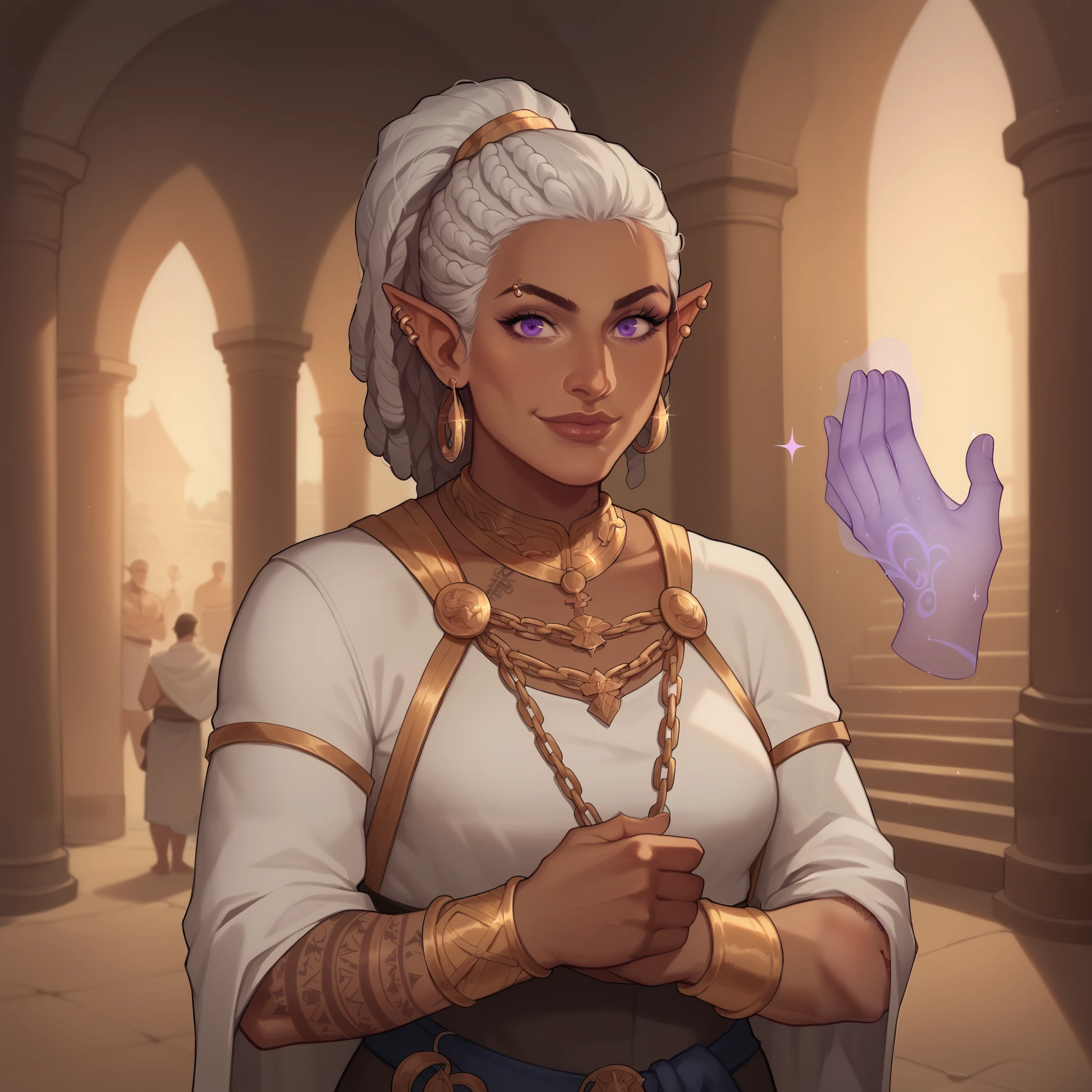 (((beautiful, high quality, comics style, detailed face))), score_9, score_8_up, score_7_up, BREAK, portrait,, solo, 1woman, slender, elf, brown skin, yakuza arm tattoos, white robes, ancient greek robes, arms crossed, gold chain harness, cape, mantel, smirk, white hair, dreadlocks in a ponytail, thick dreadlocks, purple eyes, ear piercings, magic hands, magic orbs, fantasy outside, blurred background, DeepNegative_xl_v1, detailxl, zPDXL2