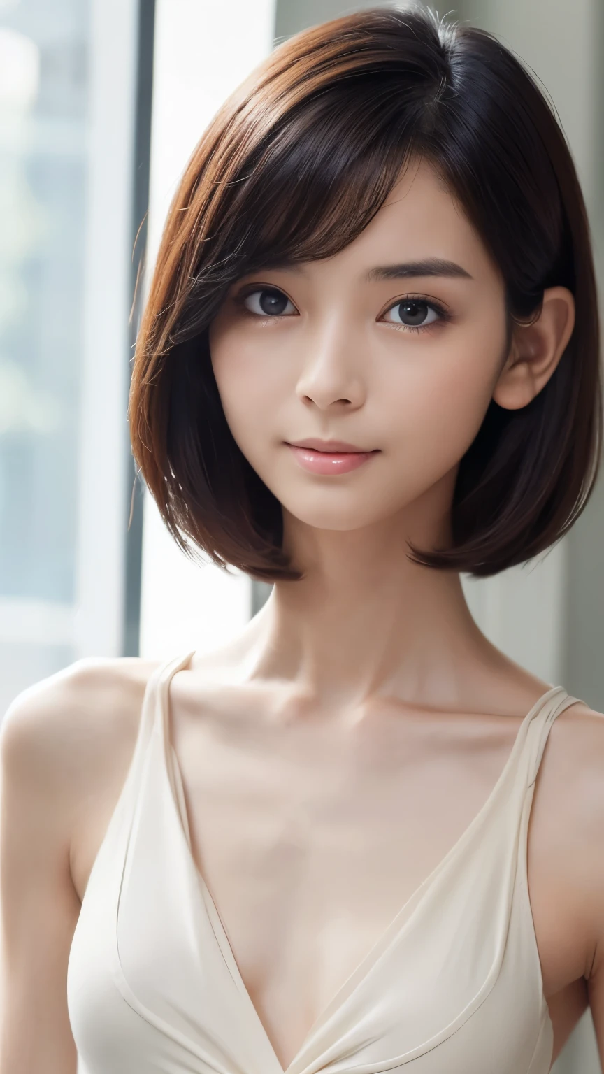 Portrait、8k、high quality、Realistic Photographic Images、39 years old、Japanese women、Neat and clean wife、housewife、Natural and realistic eyes、Japan Person Stand、、Beautiful black hair、short hair、(Straight Hair)、light makeup、Octane Rendering、Beautiful lighting、Golden ratio composition、Laughter、Casual wear、Casual clothing、Natural background、Blurred Background、4K、high resolution、Realistic Photographic Images、Japanese women、Age 37、A purely Japanese personality、Beautiful wife、Upper body、Mid-breasted、light makeup、Sappin'、Pure beauty、Mature Woman、Dress casually、gray、beige、green、Casual clothing、smile、Black-haired、Small black eyes、Background blur