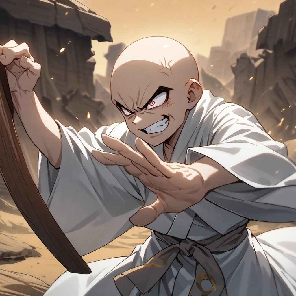High detailed, 1 boy, boy monk, 18 years old boy, bald, monk's robe (gi), senry's symbol on robe, strong, angry eyes, grin, action pose, holding a gigantic wooden boomerang on his hand, Battle pose (Reading to throw the boomerang), background a desert's ruins