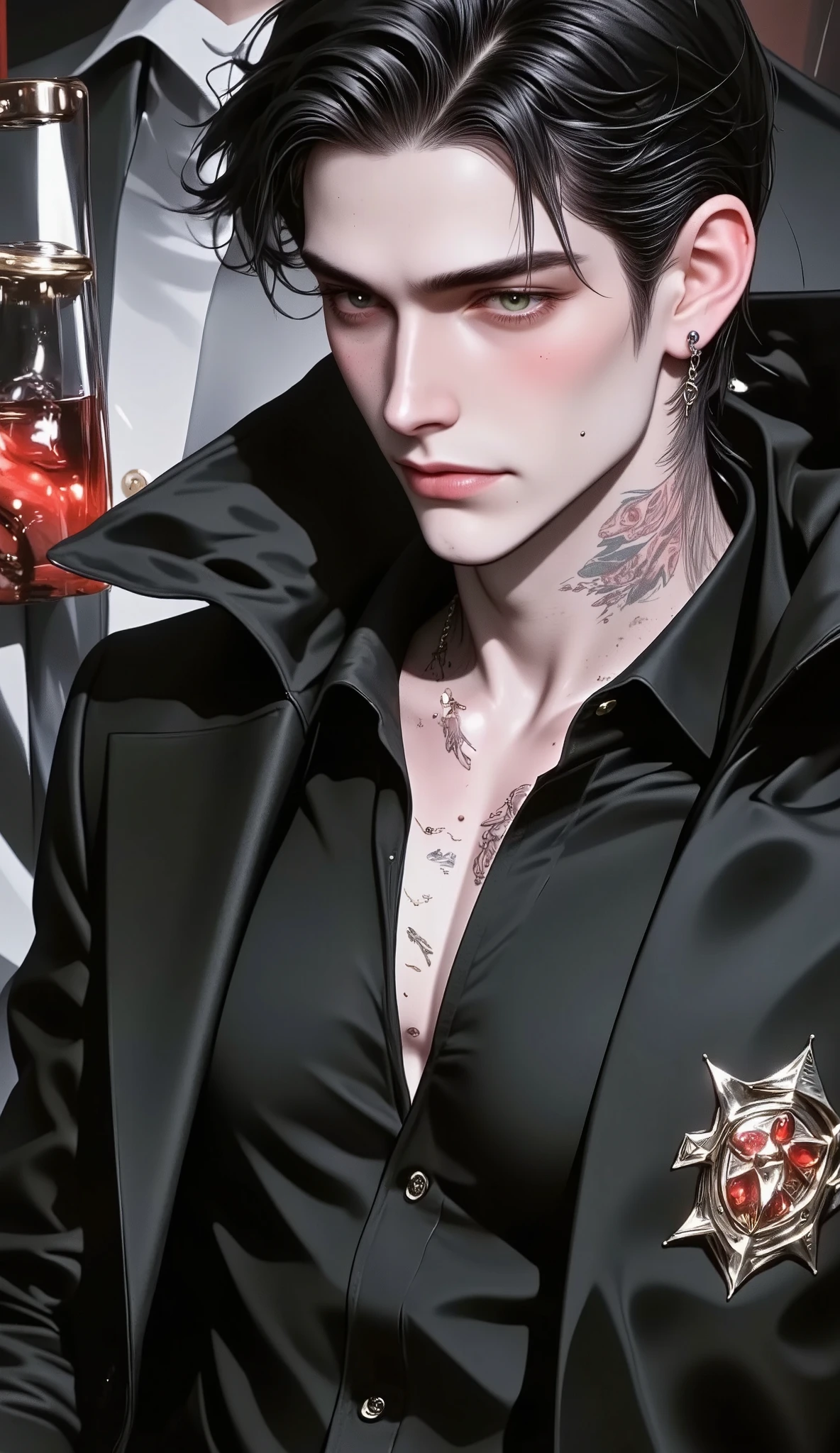 1 man , High definition, 190cm, 90 kg, 35 years old, Black hair, Gray eyes, curly hair, Exotic appearance, good-looking, sharp eyes, Thin , skin tight black shirt, chest, leather jacket , black pants, tattoo on neck, silver earrings, silver necklace , coppery skin, big boobs , Bulky, handsome man, group, Hot , Chilly, coolness , flamboyance, Nice , Overflowing with color, Innocence
