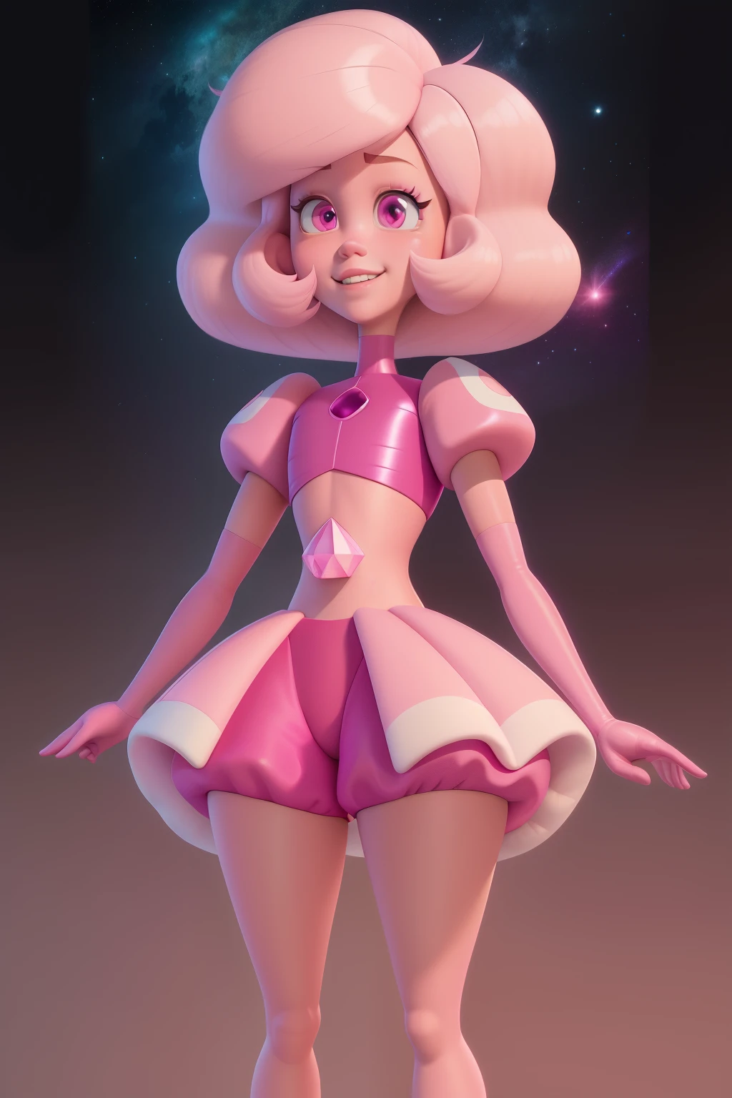 pnkdamond, pink hair, pink eyes, big hair, stomach gem, pink skin, toned,
puffy short sleeves, elbow gloves , white thighhighs, puffy dress,
standing, upper body,
outerspace,
(insanely detailed, beautiful detailed face,beautiful detailed eyes, masterpiece, best quality) cinematic lighting, smile,