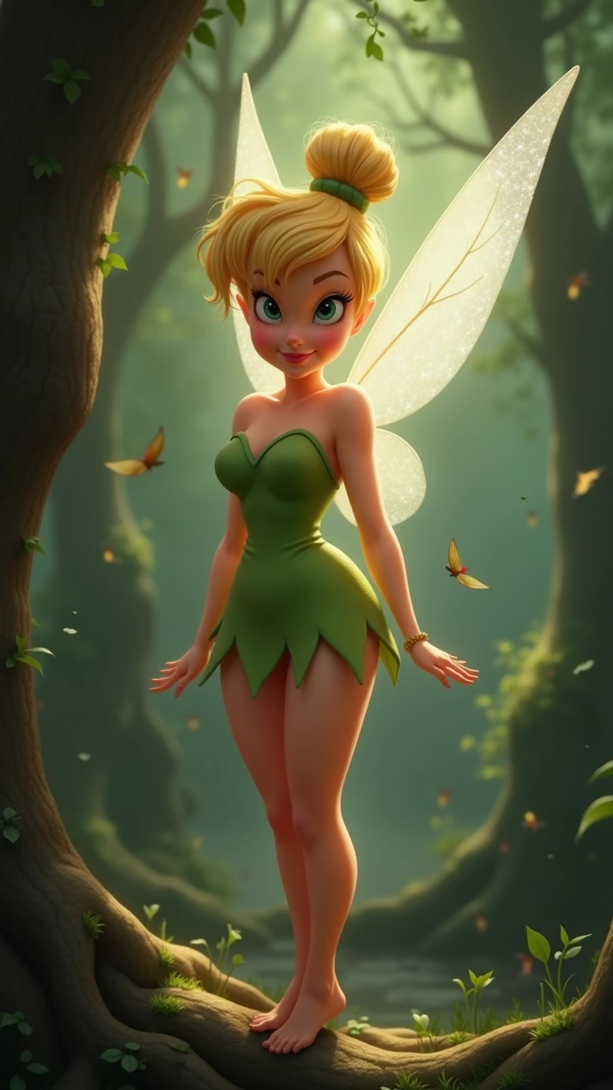 ((African American girl)), (short braided hair), (Tinkerbell Waifu:1), smile, cute, looking at the viewer, thick thighs, (strapless green dress:1), (fairy wingocus on breasts:1.2), (realistic: 1.2), (realism), (masterpiece: 1.2), (best quality), (ultra-detailed), (8k, 4k, complex),(full body photo: 1),(cowboy photo:1.2), (85mm), light particles, lighting, (highly detailed:1.2), (detailed face:1.2), (gradients), sfw, colorful,(detailed eyes:1.2), (detailed landscape, inside a glass jar:1.2),(detailed background), detailed landscape, (dynamic angle:1.2), (dynamic posture:1.2), (rule of terceira_compositing:1.3), (line of action:1.2), general plan, daylight, soil, no panties, huge breasts