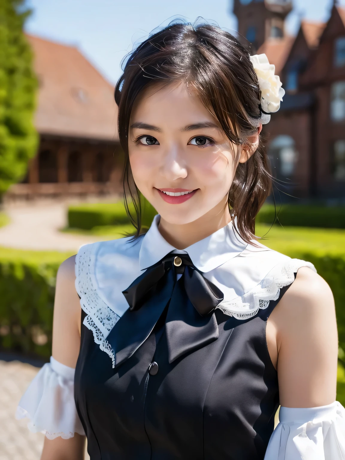 (Realistic, photo-Realistic:1.37), Incredibly absurd, (Very detailed:1.3), 8k, (masterpiece), (highest quality:1.4), (Ultra-high resolution:1.2), (RAW Photos:1.2), Very detailed background, (unity 8k wallpaper), 1 nogizaka girl, very cute, bishojo, s, (Gothic Lolita Fashion), Exquisitely drawn beautiful faces, eyes and skin, Detailed black shiny hair, Elegant frills, Frilled tie, Ribbon tie, Rose Hair Accessories, Delicate lace dress, Soft fabric, Beautiful rose pattern, Smiling for the camera, Cowboy Shot, European castle landscape, Professional Lighting,