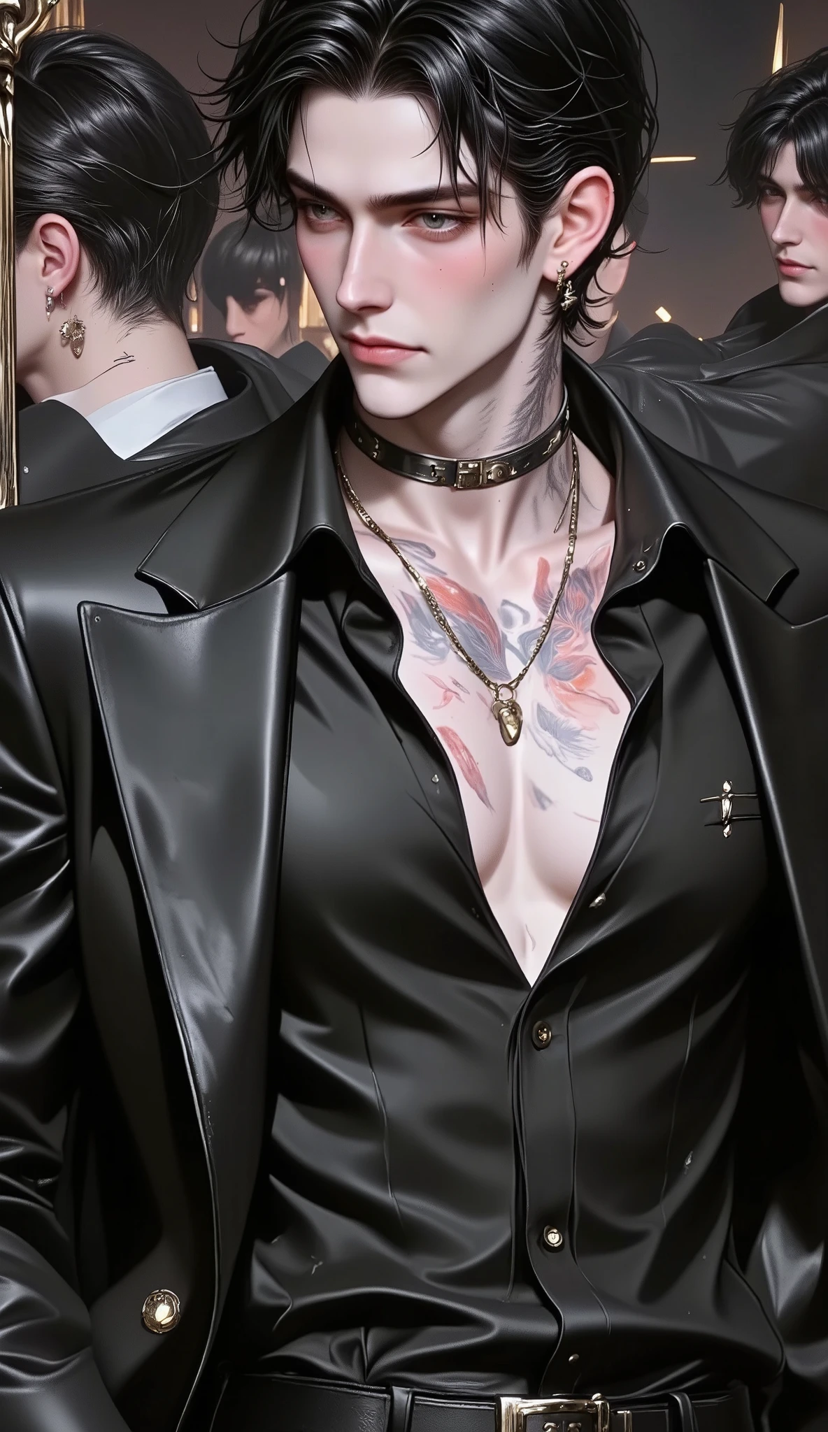  1 man , High definition, 190cm, 90 kg, 35 years old, Black hair, Gray eyes,  curly hair,  Exotic appearance,  good-looking,  sharp eyes,  Thin , skin tight black shirt, chest,   leather jacket , black pants,  tattoo on neck, silver earrings,  silver necklace ,  coppery skin,  big boobs , Bulky,  handsome man, group, Hot , Chilly, coolness , flamboyance, Nice , Overflowing with color, Innocence 