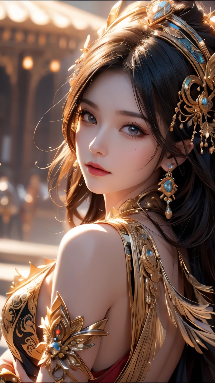 Mysterious goddess, woman in her 20s, beautiful large detailed eyes, beautiful detailed lips, mysterious and graceful pose, floating in a surrealistic landscape, glowing aura, ornate headdress, flowing robes, dramatic lighting, vibrant colors, (top quality,4K,8K, Hi-Res,Masterpiece:1.2),Ultra-Detailed,(Realistic,Photorealistic,Photorealistic:1.37),Fantasy,Intricate Detail,Cinematic Composition