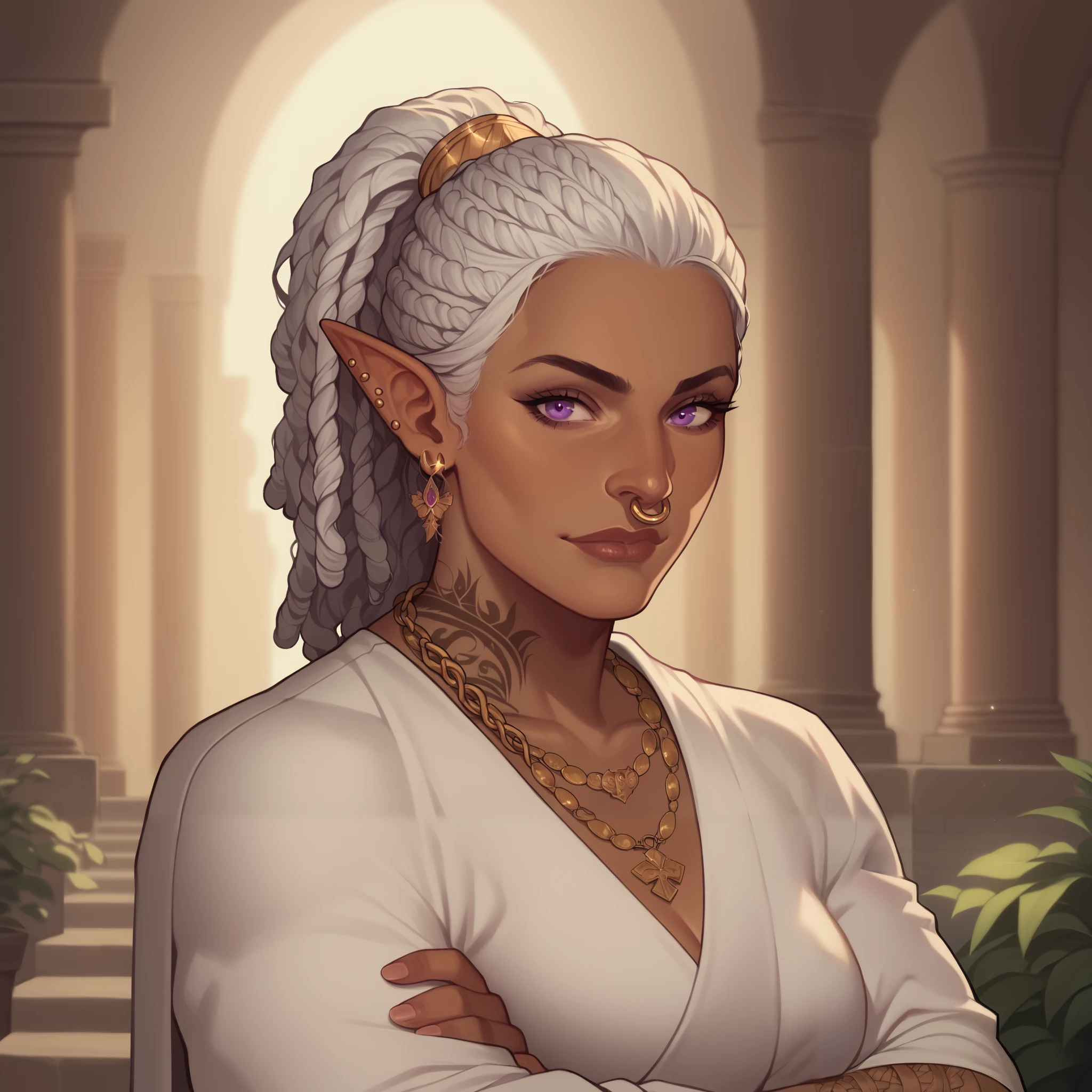 (((beautiful, high quality, comics style, detailed face))), score_9, score_8_up, score_7_up, BREAK, bust shoot view, solo, 1woman, slender, elf, brown skin, yakuza arm tattoos, white robes, ancient greek robes, arms crossed, gold chain harness, cape, mantel, smirk, white hair, dreadlocks in a ponytail, thick dreadlocks, purple eyes, ear piercings, nose ring fantasy outside, blurred background, DeepNegative_xl_v1, detailxl, zPDXL2