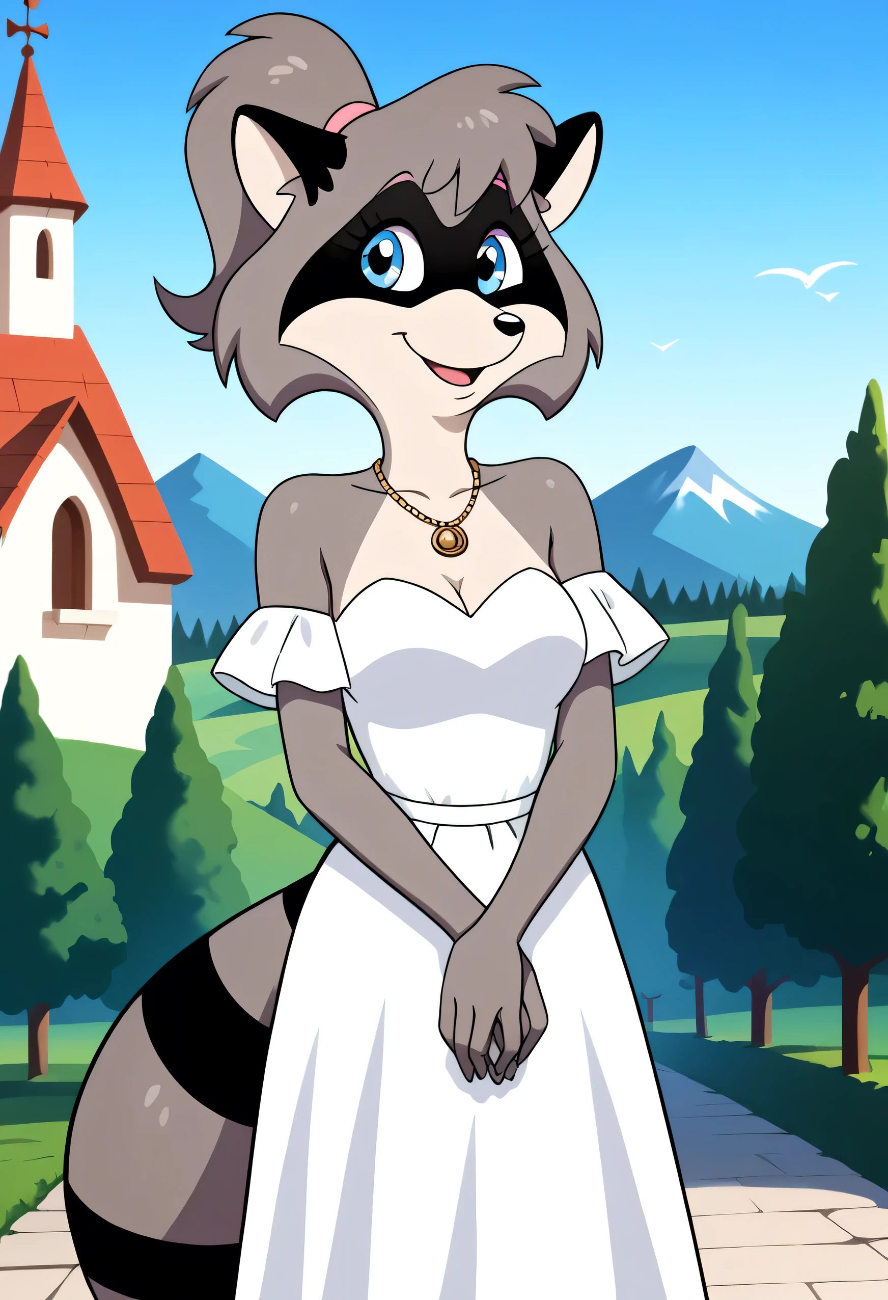 Lisa Racoon Cartoon raccoon in a wedding dress standing in front of a church ...