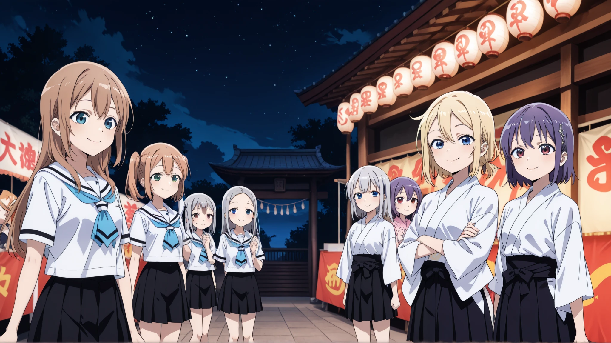 (Active 3 + girls), vulgar pose, , (3 + girls), smile, (Demonic school girl),, night sky. Scenery of a summer festival amongst Japanese-style architecture like that of Kyoto, the morning sun rising in the dark sky, and a cluster of perfect Japanese architecture. 、