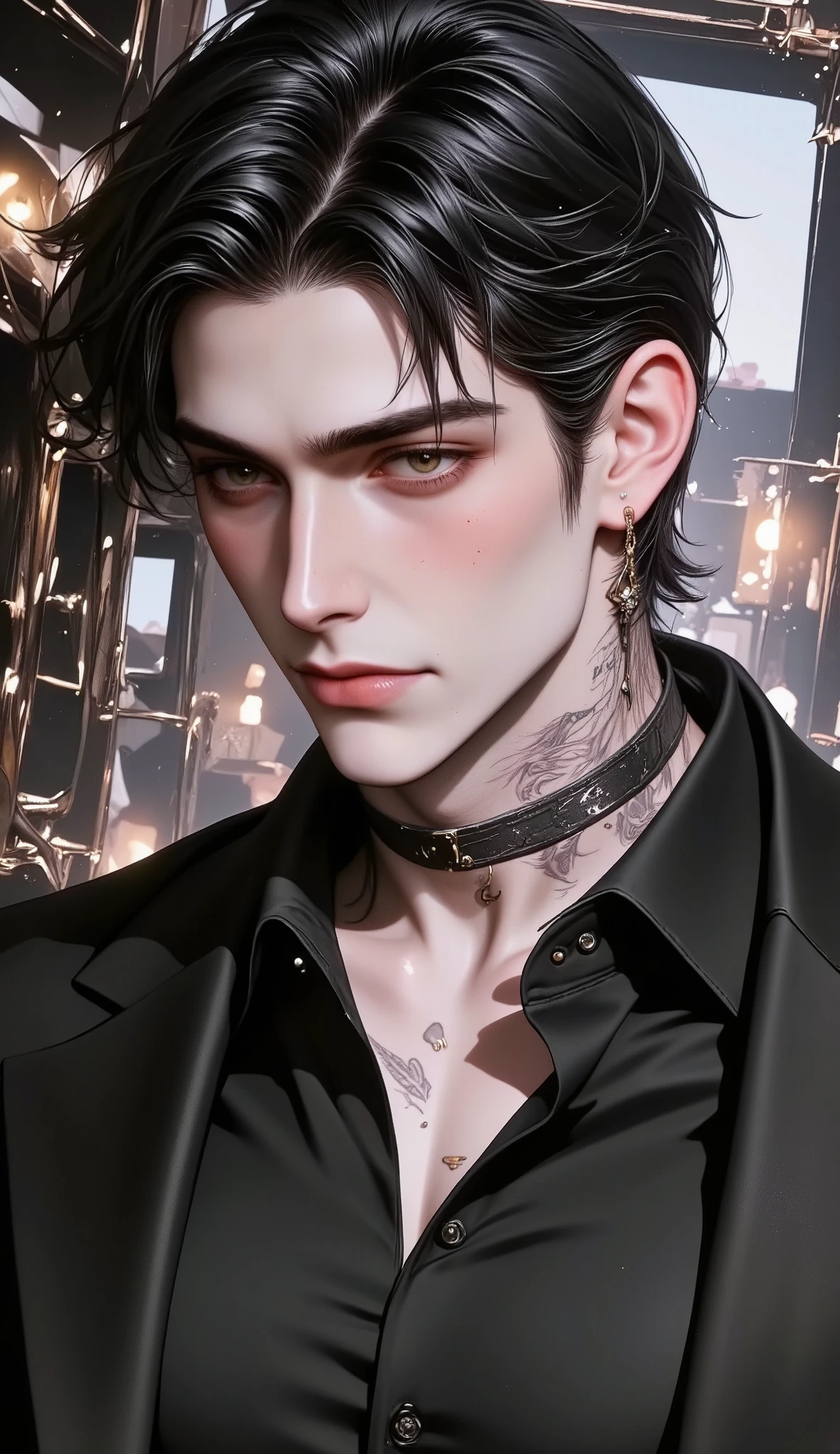 1 man , High definition, 190cm, 90 kg, 35 years old, Black hair, Gray eyes, curly hair, Exotic appearance, good-looking, sharp eyes, Thin , skin tight black shirt, chest, leather jacket , black pants, tattoo on neck, silver earrings, silver necklace , coppery skin, big boobs , Bulky, handsome man, group, Hot , Chilly, coolness , flamboyance, Nice , Overflowing with color, Innocence