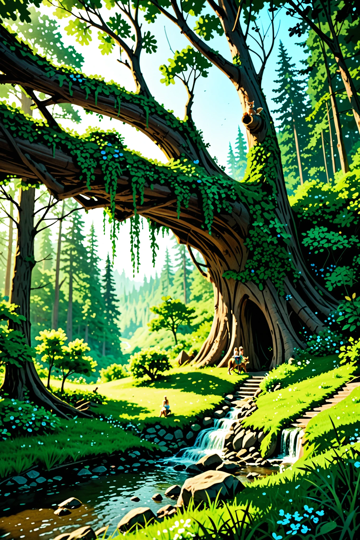 a cute enchanted squirrel on the side very close to the camera in the background the scenery of a nocturnal enchanted fantasy forest ultra realistic cinematic fantasy art giant green trees, lots of green grass, ultra detailed ultra realistic
