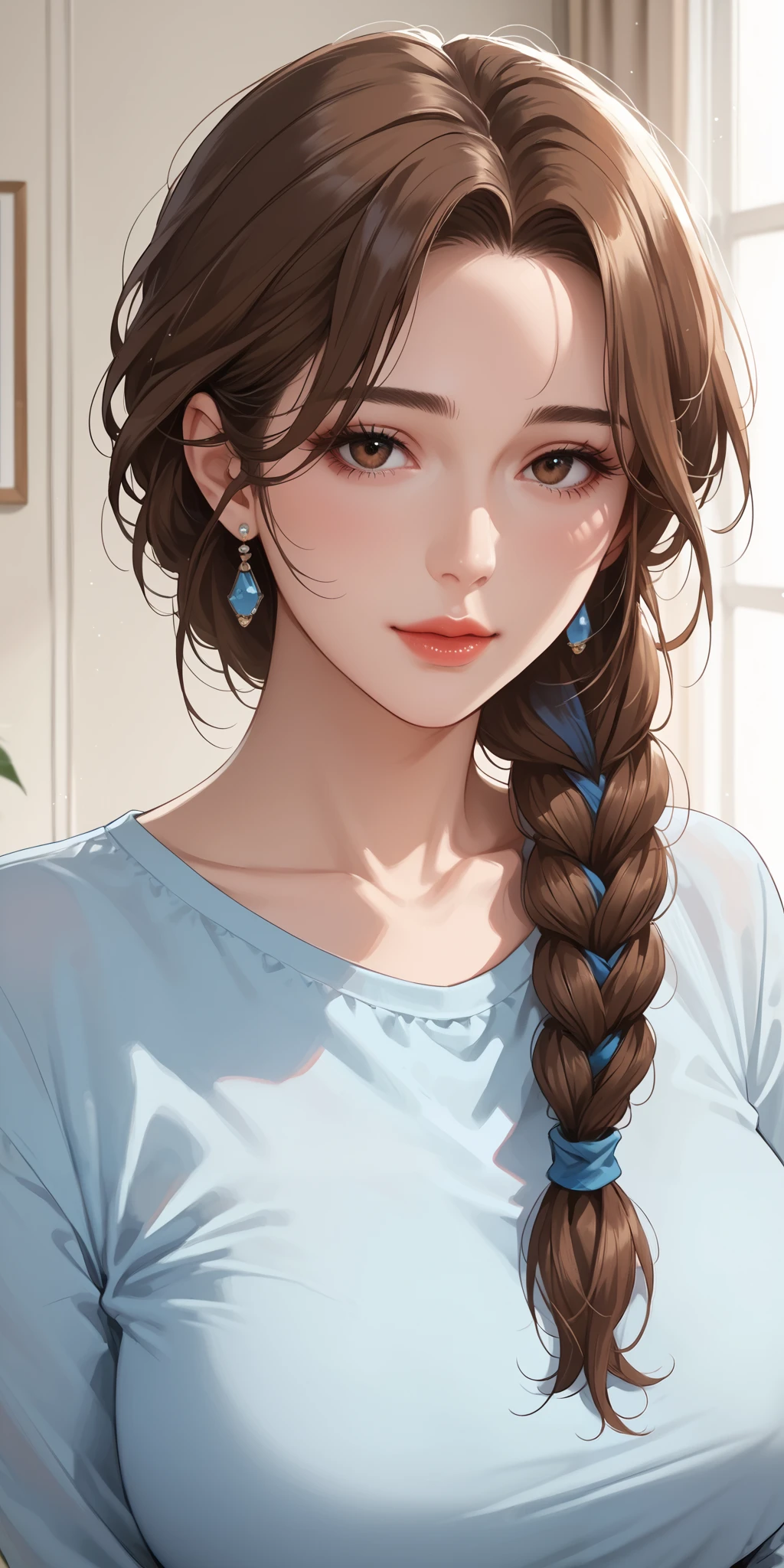 masterpiece, mature female, housewife, 1girl, solo, mature female, cho_mi-kyung, single hair braid with blue scarf, hair over shoulder, beautiful brown hair, long sleeve shirt, soft light, high detailed, best quality, upper body