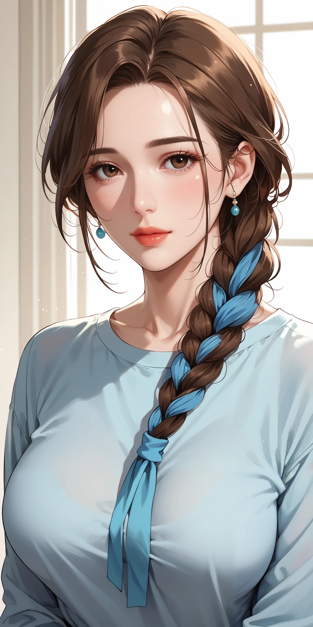 masterpiece, mature female, housewife, 1girl, solo, mature female, cho_mi-kyung, single hair braid with blue scarf, hair over shoulder, beautiful brown hair, long sleeve shirt, soft light, high detailed, best quality, upper body