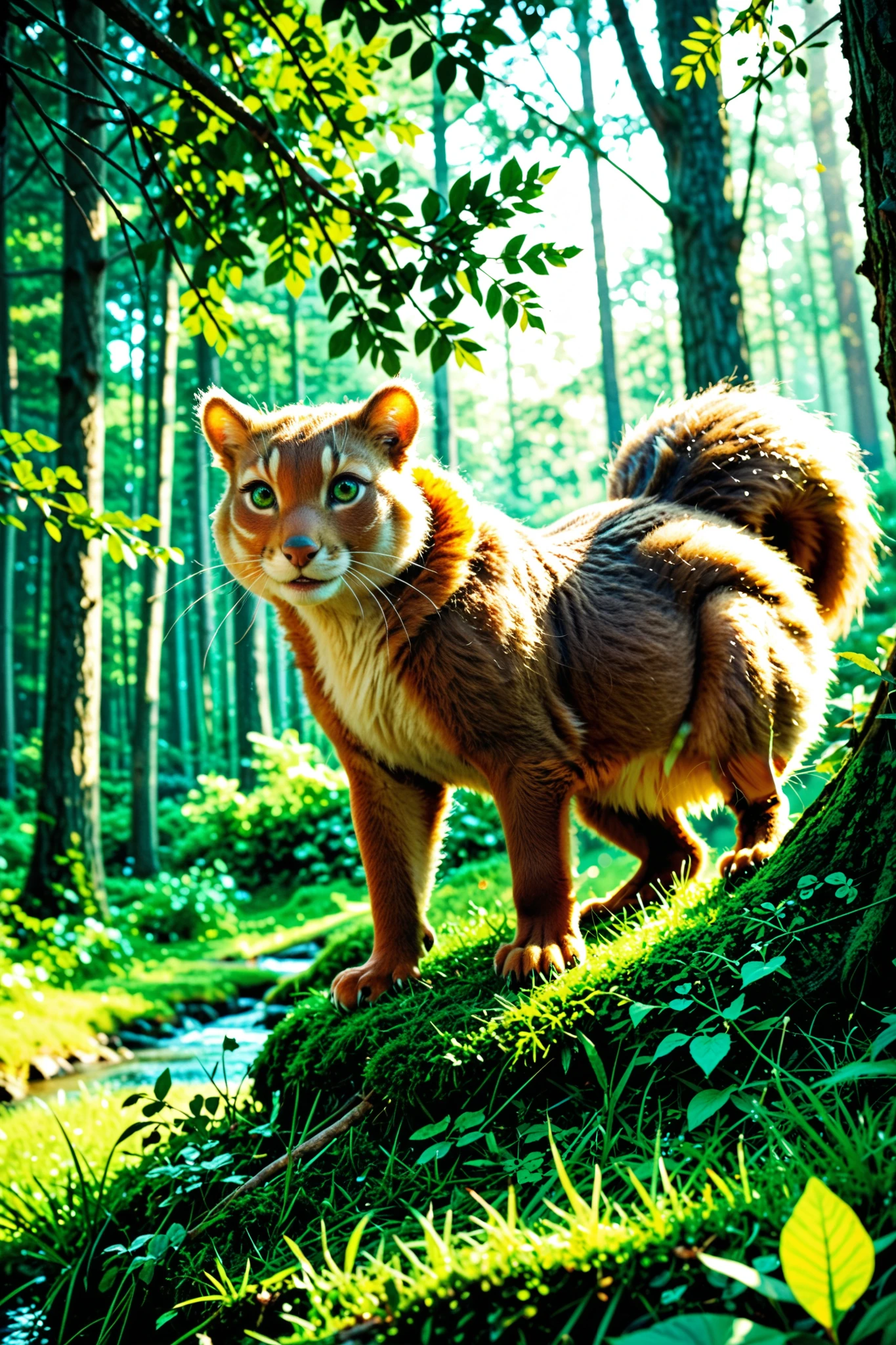 a cute enchanted squirrel on the side very close to the camera in the background the scenery of a nocturnal enchanted fantasy forest ultra realistic cinematic fantasy art giant green trees, lots of green grass, ultra detailed ultra realistic