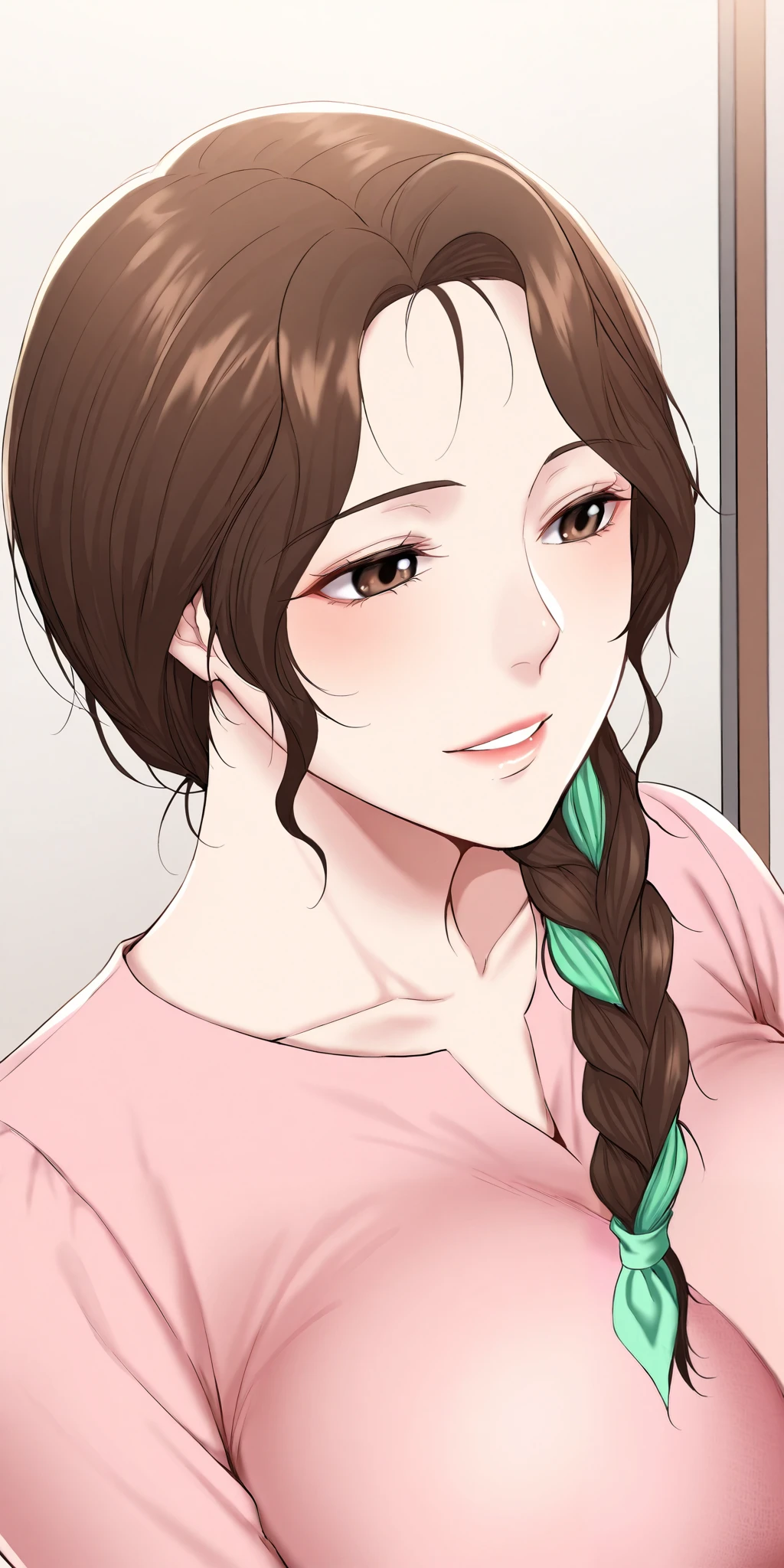 masterpiece, mature female, housewife, 1girl, solo, mature female, cho_mi-kyung, single hair braid, hair over shoulder, beautiful brown hair, long sleeve shirt, soft light, high detailed, best quality, upper body