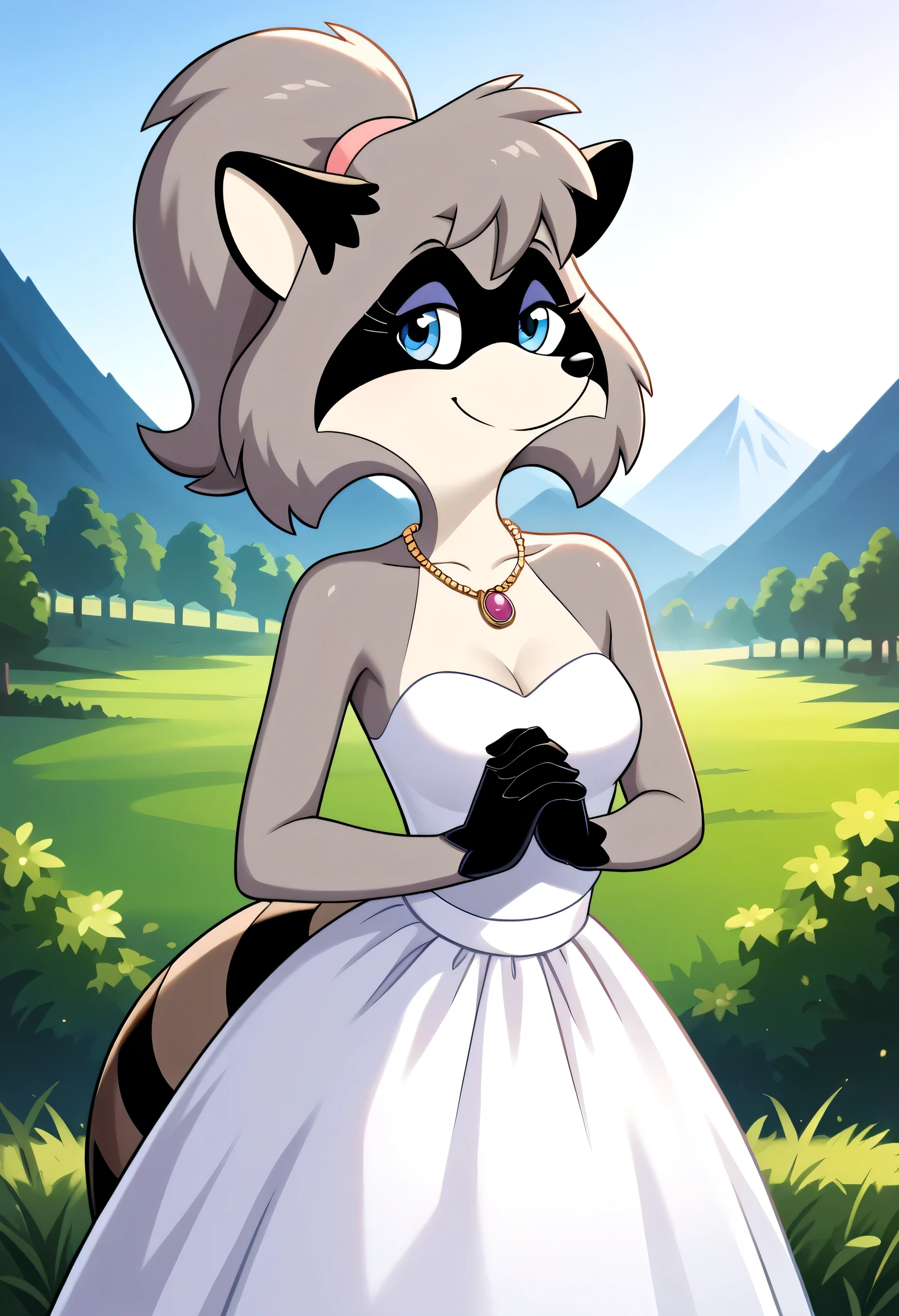 Lisa Racoon Cartoon raccoon in a wedding dress standing in a field - SeaArt AI