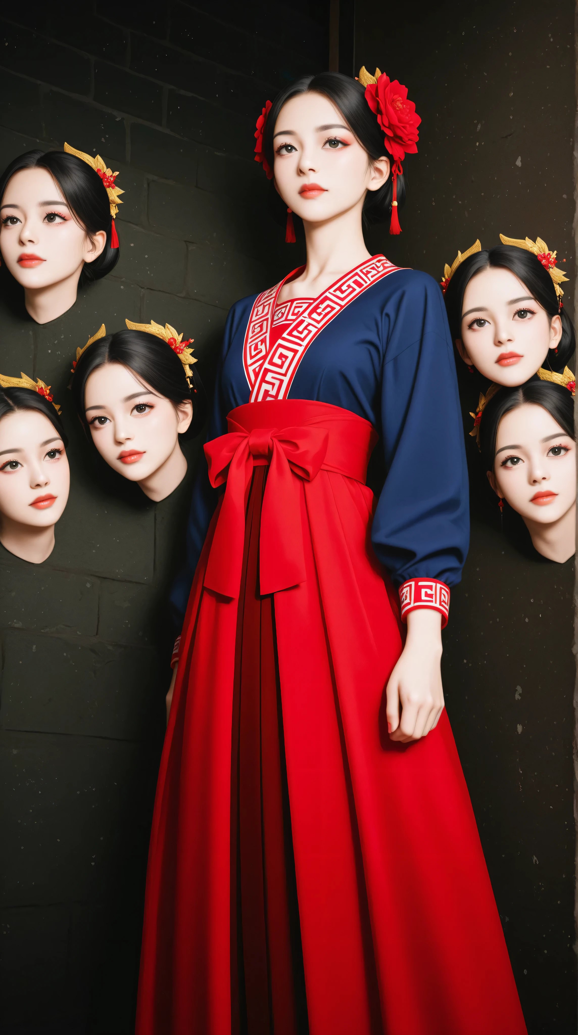 Expressionist artwork images of multiple floating heads of korean women, make it weird and gallery worthy
