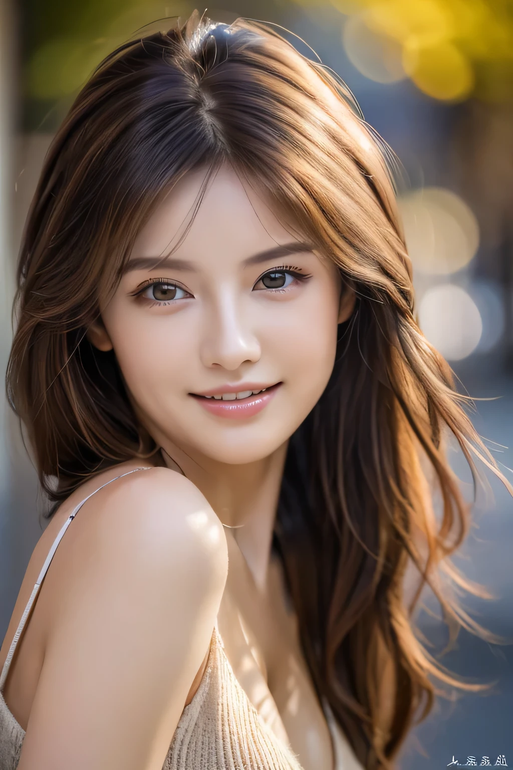 ((highest quality)), ((masterpiece)), (detailed), Perfect Face、Perfect body、Light brown hair、Beautiful Skin、Cleavage、girlfriend on date、Russian Beauty、(masterpiece:1.3), (8k, Photorealistic, Raw photo, Best image quality: 1.4), (Random Hairstyles:1.2)、Cleavage:1.2、Super detailed face、Attention to detail、double eyelid、Put your chest together、Sharp focus:1.2、Beautiful woman:1.4、Light brown hair、highest quality、masterpiece、超A high resolution、(Photorealistic:1.4)、Very detailed and professionally lit smiles、Loose, lightweight knitwear、Shoulders out、thin、Serious expression、Deadly position