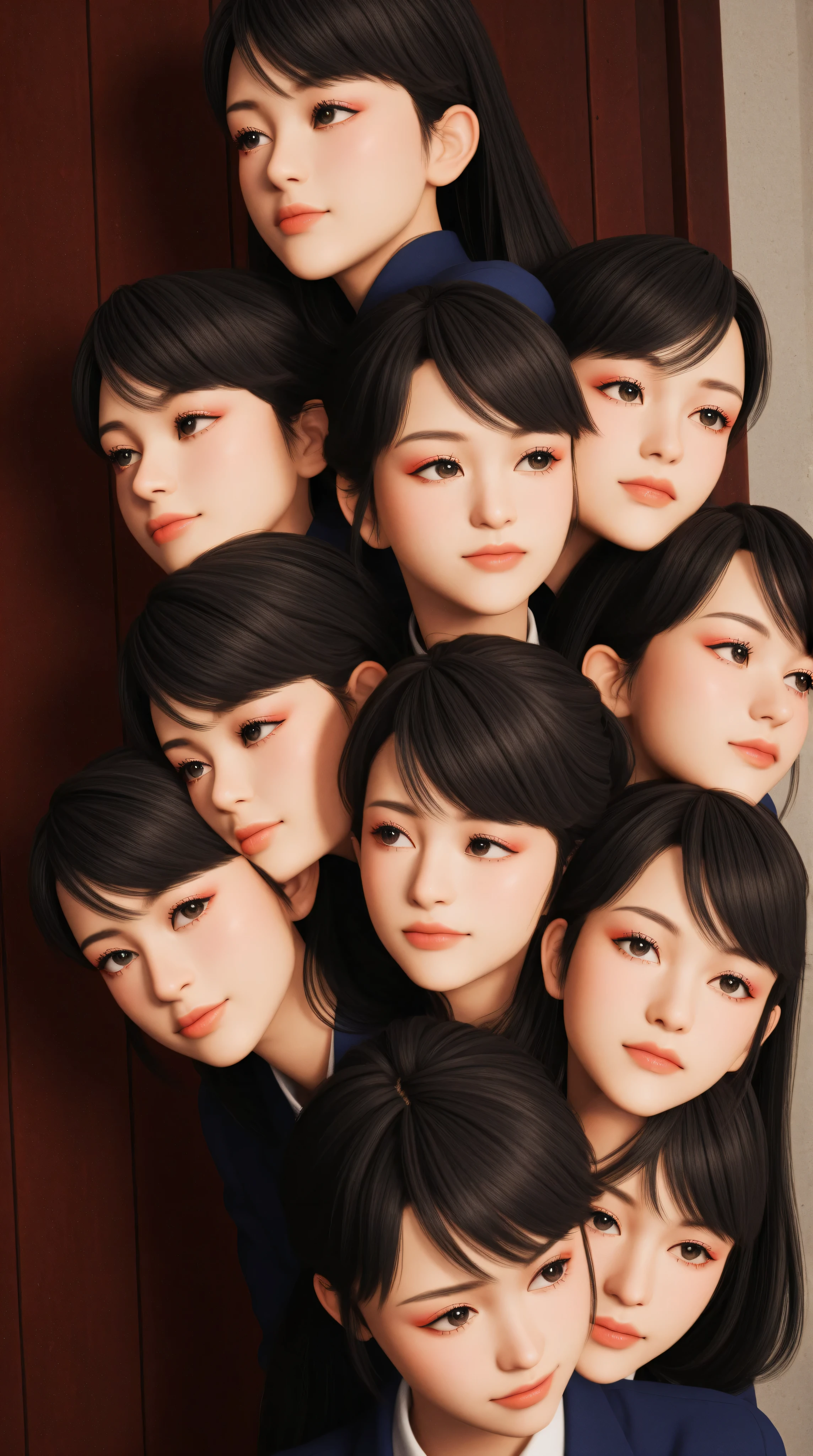 Expressionist artwork images of multiple floating heads of korean women, 3d collage style, make it weird and gallery worthy
