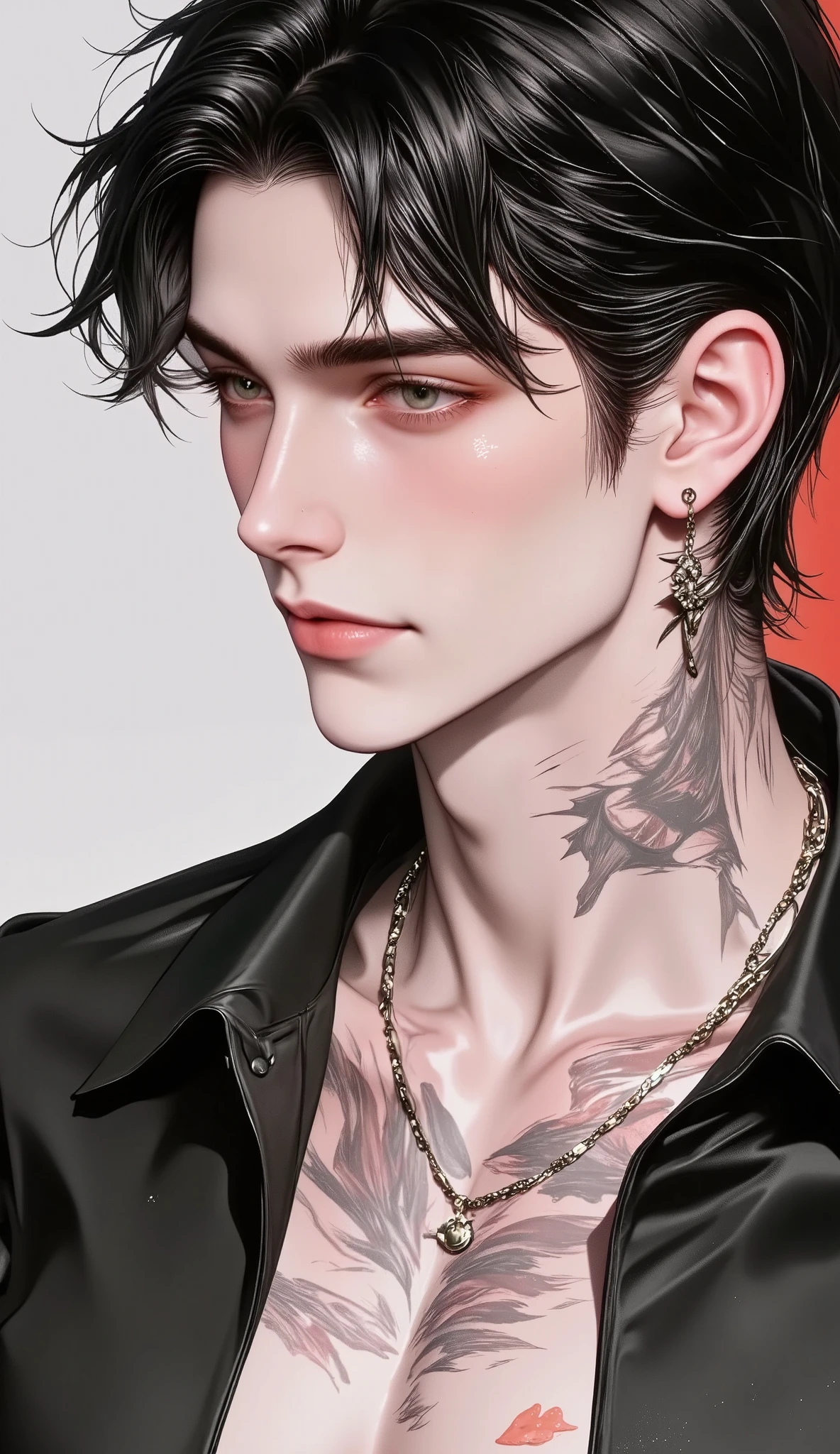 (1 man, solo, alone) , High definition, 190cm, 90 kg, 35 years old, Black hair, Gray eyes, curly hair, Exotic appearance, good-looking, sharp eyes, smiley face, Thin , bare chest, leather jacket , black pants, Big tattoo on chest , silver earrings, silver necklace , coppery skin, big boobs , Bulky, handsome man, group, Hot , Chilly, coolness , flamboyance, Nice , Overflowing with color, Innocence