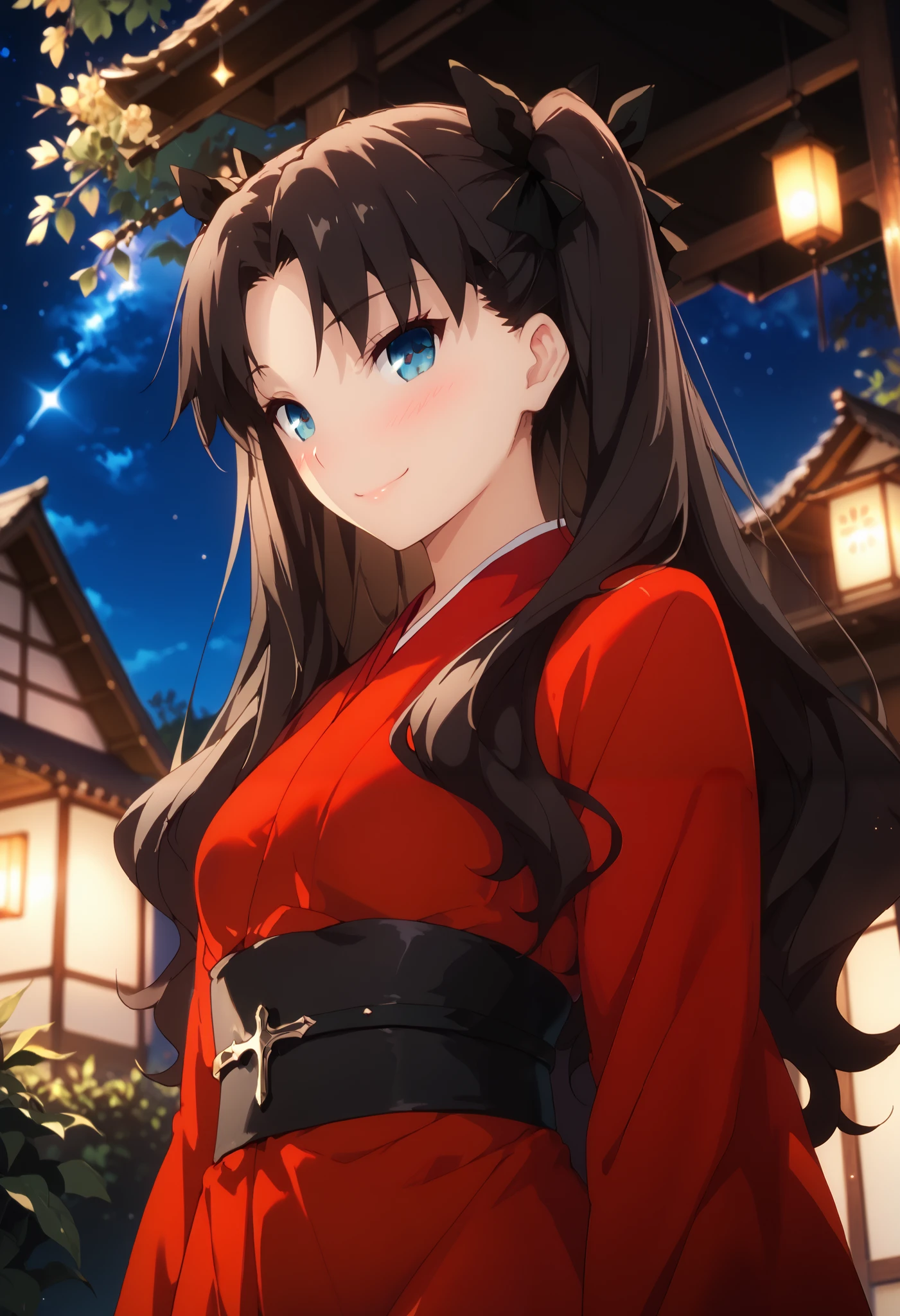 1girl, tohsaka rin (fate), solo, dutch angle, from below, black hair, red ribbon, blue eyes, (beautiful detailed eyes: 1.4). red kimono, black obi belt, cute smile, blush, outdoors, starry night, seductive pose, wallpaper, masterpiece, high quality, highly detailed