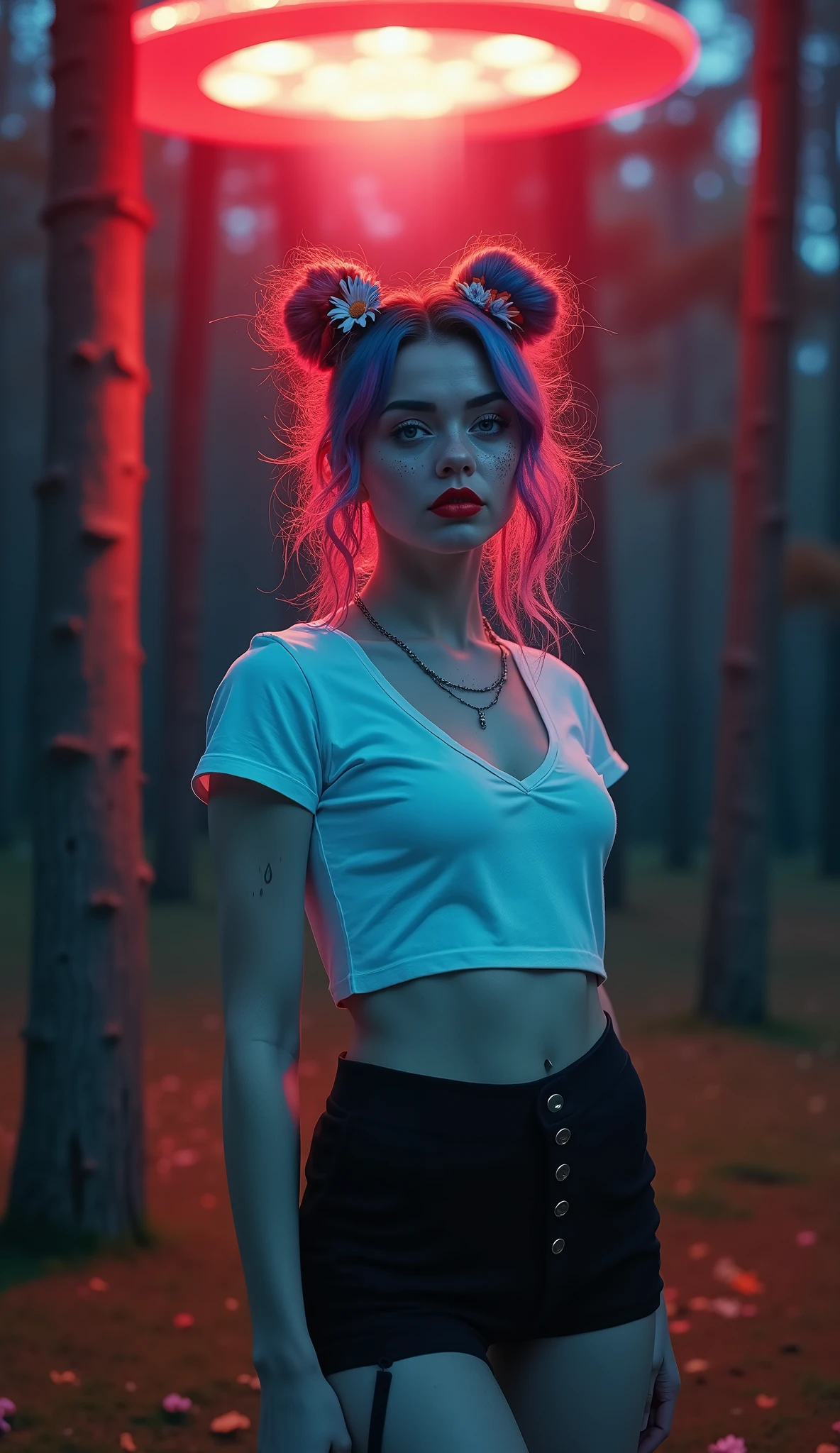 ((RAW photo), absurd, (absurdresolution)), masterpiece, best quality, (best shadow), beautiful detailed shine, hyperrealism, ((beautiful young woman, white complexion, freckles, red lips, mascara, eyelashes, made up)), (blue eyes, sharp pupil, realistic), (super sexy), (multicolored bun, disheveled, flowers) 21 years old, (tight t-shirt, short skirt, black thighs, bright colors), (standing, arrogant pose), ((at night, neon lights, glowing)), ((gigantic UFO brushing the treetops, solid light)). ((view from below, close to the model, Nadir Shot, from the knees)). «SunPuma S»
