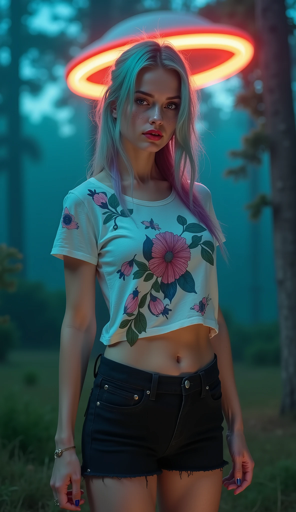 ((RAW photo), absurd, (absurdresolution)), masterpiece, best quality, (best shadow), beautiful detailed shine, hyperrealism, ((beautiful young woman, white complexion, freckles, red lips, mascara, eyelashes, made up)), (blue eyes, sharp pupil, realistic), (super sexy), (multicolored bun, disheveled, flowers) 21 years old, (tight t-shirt, short skirt, black thighs, bright colors), (standing, arrogant pose), ((at night, neon lights, glowing)), ((gigantic UFO brushing the treetops, solid light)). ((view from below, close to the model, Nadir Shot, from the knees)). «SunPuma S»