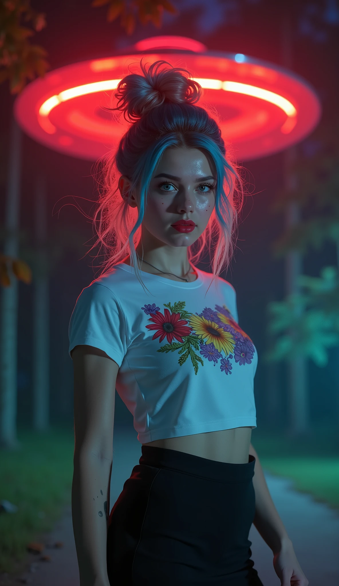 ((RAW photo), absurd, (absurdresolution)), masterpiece, best quality, (best shadow), beautiful detailed shine, hyperrealism, ((beautiful young woman, white complexion, freckles, red lips, mascara, eyelashes, made up)), (blue eyes, sharp pupil, realistic), (super sexy), (multicolored bun, disheveled, flowers) 21 years old, (tight t-shirt, short skirt, black thighs, bright colors), (standing, arrogant pose), ((at night, neon lights, glowing)), ((gigantic UFO brushing the treetops, solid light)). ((view from below, close to the model, Nadir Shot, from the knees)). «SunPuma S»
