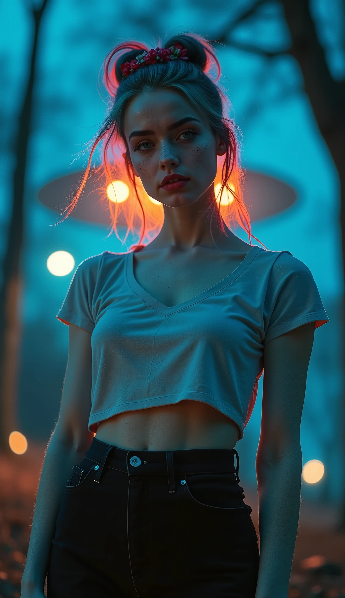 ((RAW photo), absurd, (absurdresolution)), masterpiece, best quality, (best shadow), beautiful detailed shine, hyperrealism, ((beautiful young woman, white complexion, freckles, red lips, mascara, eyelashes, made up)), (blue eyes, sharp pupil, realistic), (super sexy), (multicolored bun, disheveled, flowers) 21 years old, (tight t-shirt, short skirt, black thighs, bright colors), (standing, arrogant pose), ((at night, neon lights, glowing)), ((gigantic UFO brushing the treetops, solid light)). ((view from below, close to the model, Nadir Shot, from the knees)). «SunPuma S»