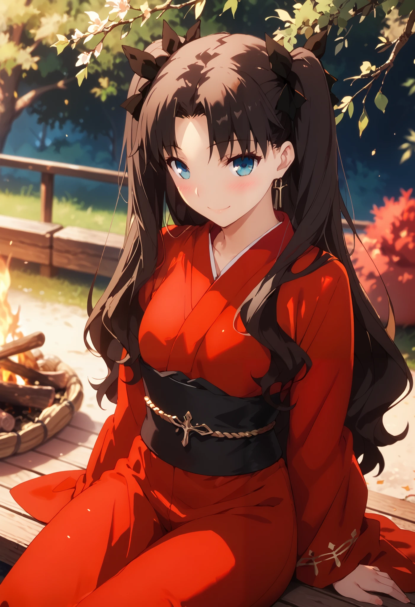 1girl, tohsaka rin (fate), solo, dutch angle, from afar, black hair, red ribbon, blue eyes, (beautiful detailed eyes: 1.4). red kimono, black obi belt, cute smile, blush, outdoors, huge bonfire, seductive pose, wallpaper, masterpiece, high quality, highly detailed