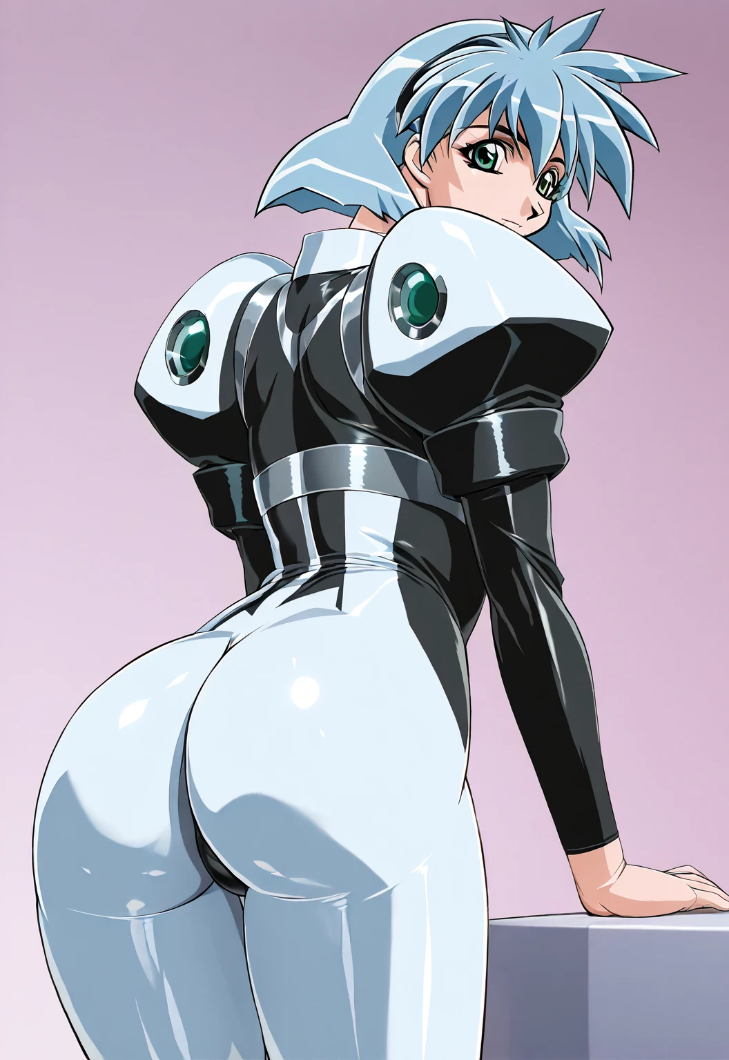 1girl pamela anderson as female, silver body suit, torso shot, hands behind back, white hair, front view, shortstackBT, looking sad, in HNKstyle, 80's anime