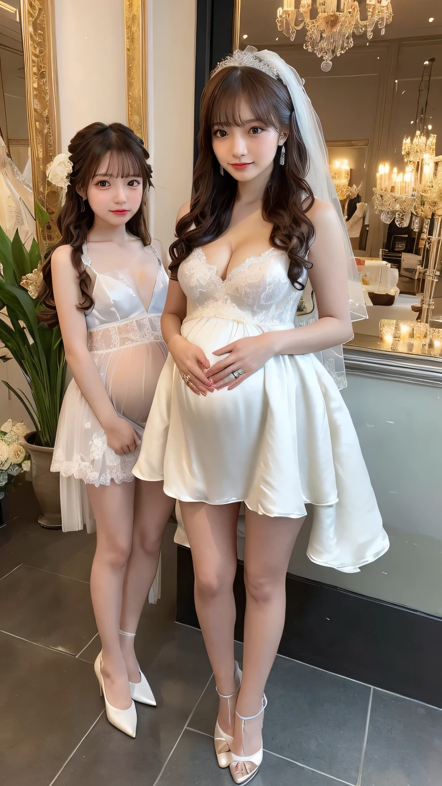 see through clothes(Full body female love:1.3)，best quality, masterpiece, ultra high resolution, (lifelike:1.4), original photo, 1 female,30 years old， black hair, big eyes, Detailed eyes and face,huge breasts，split，long legs，Belted robe open ，bare shoulder，no underwear:1.5,see through clothes，Hollow material white clothes，kitchen:1.3，Smile、sleeveless costume、((Maid clothes))、((She is carrying her 10 years old daughter))、Extremely revealing clothing