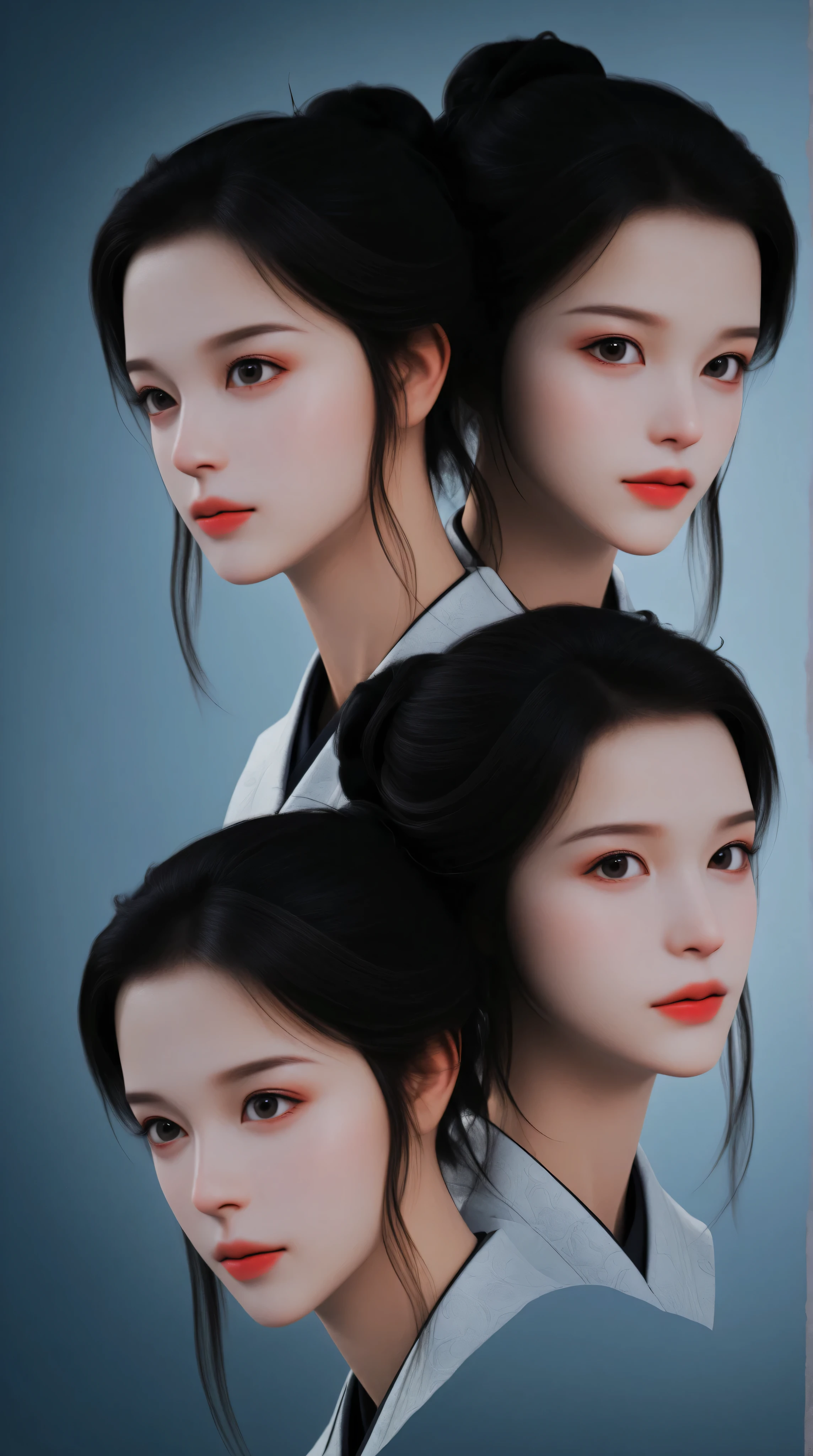 Expressionist artwork images of multiple floating heads of korean women, 3d collage style, make it weird and gallery worthy
