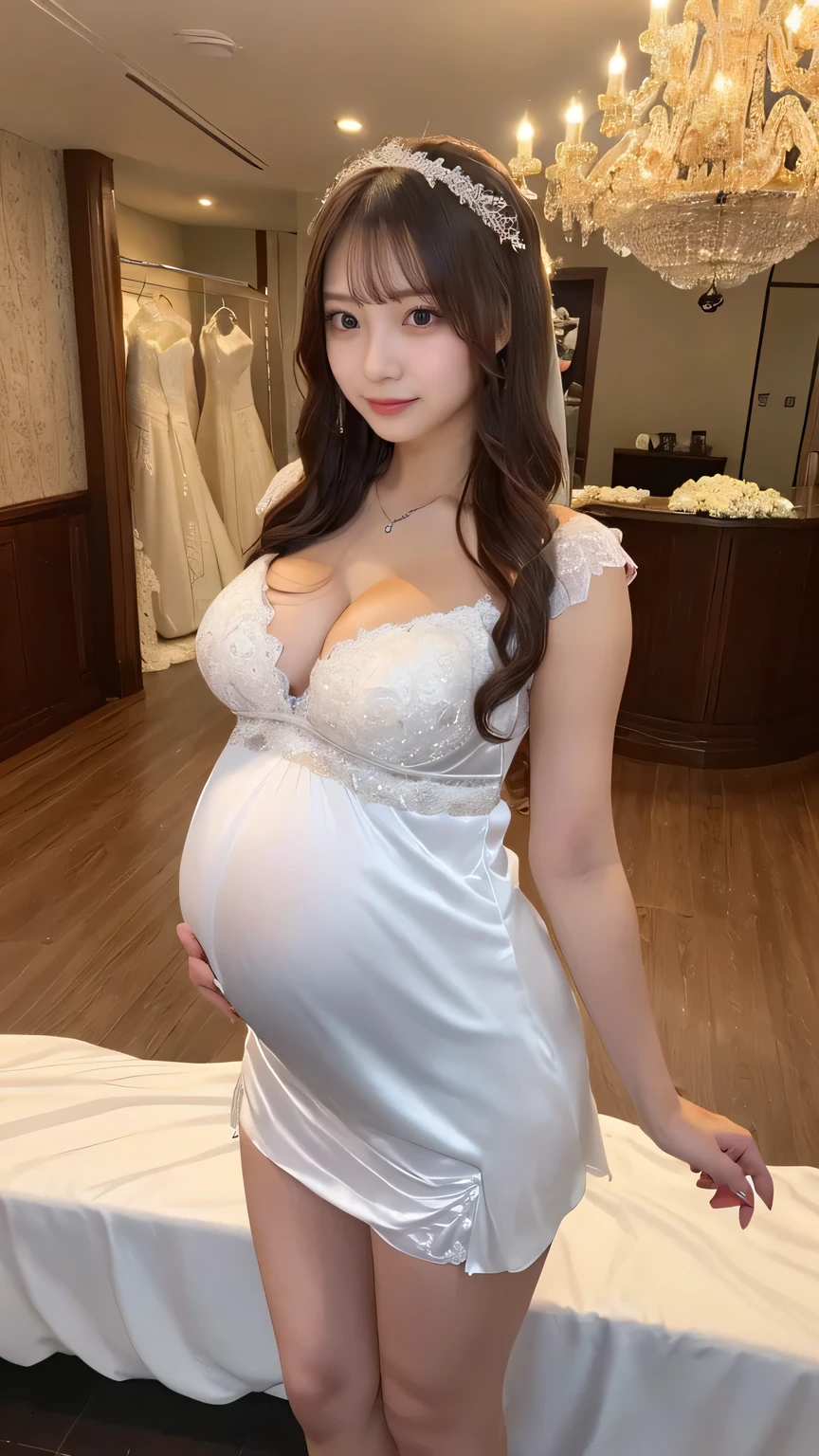Boa_hancock, huge_breasts , best quality, ruffles_satin_dress , light_grey_satin_dress , big_ass , pregnant , wearing glasses , big pregnant , off the shoulder dress , revealing cleavage, seductive eyes ,